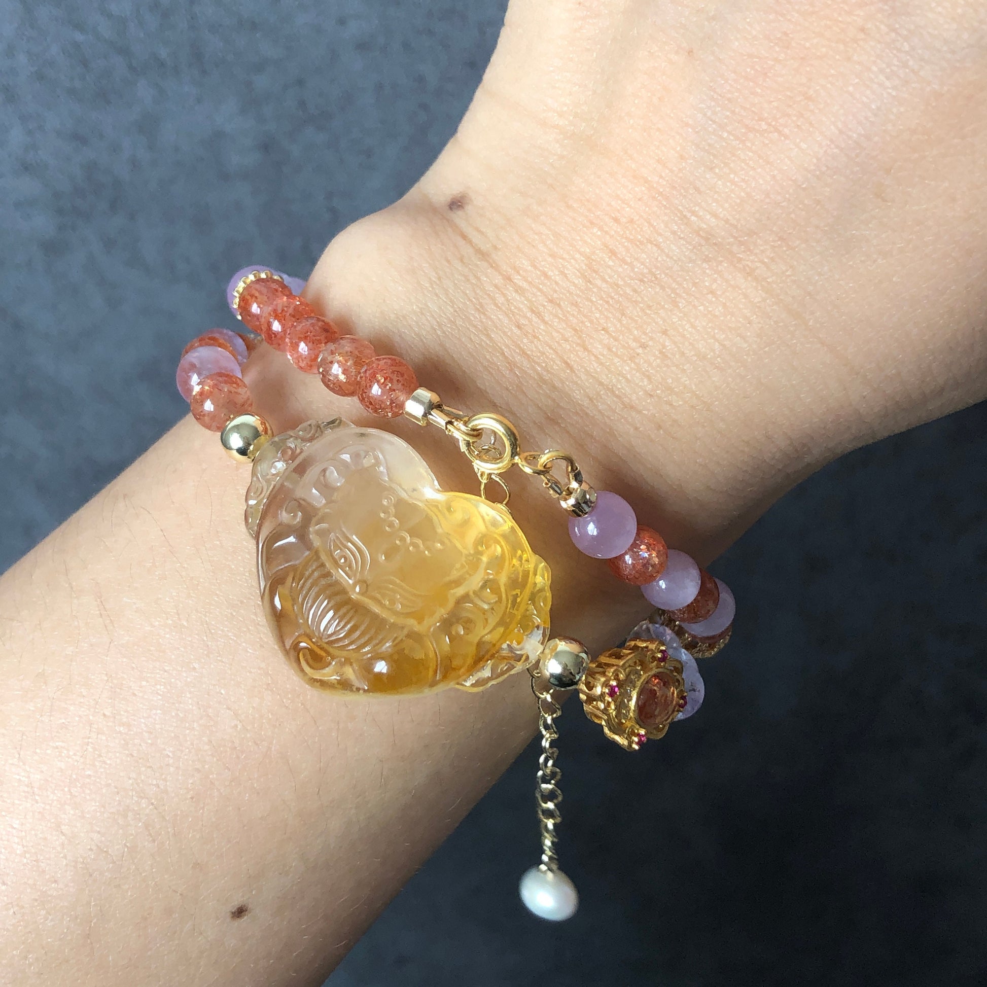 Rainbow Carved Yellow Hematoid Nine-tailed Fox 2 way Necklace Choker and Bracelet | Sunstone, Amethyst, Kunzite, Clear Quartz, Pearl