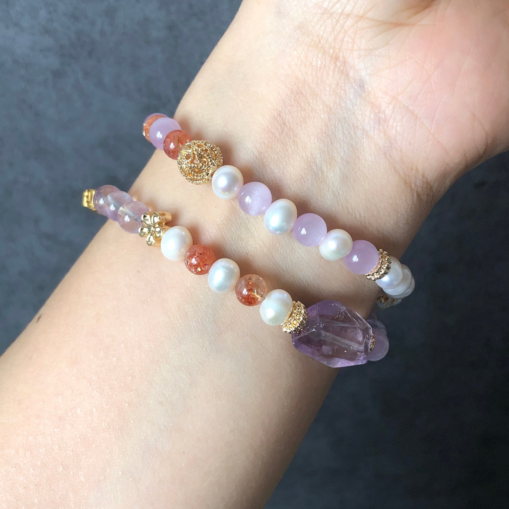 Rainbow Carved Yellow Hematoid Nine-tailed Fox 2 way Necklace Choker and Bracelet | Sunstone, Amethyst, Kunzite, Clear Quartz, Pearl