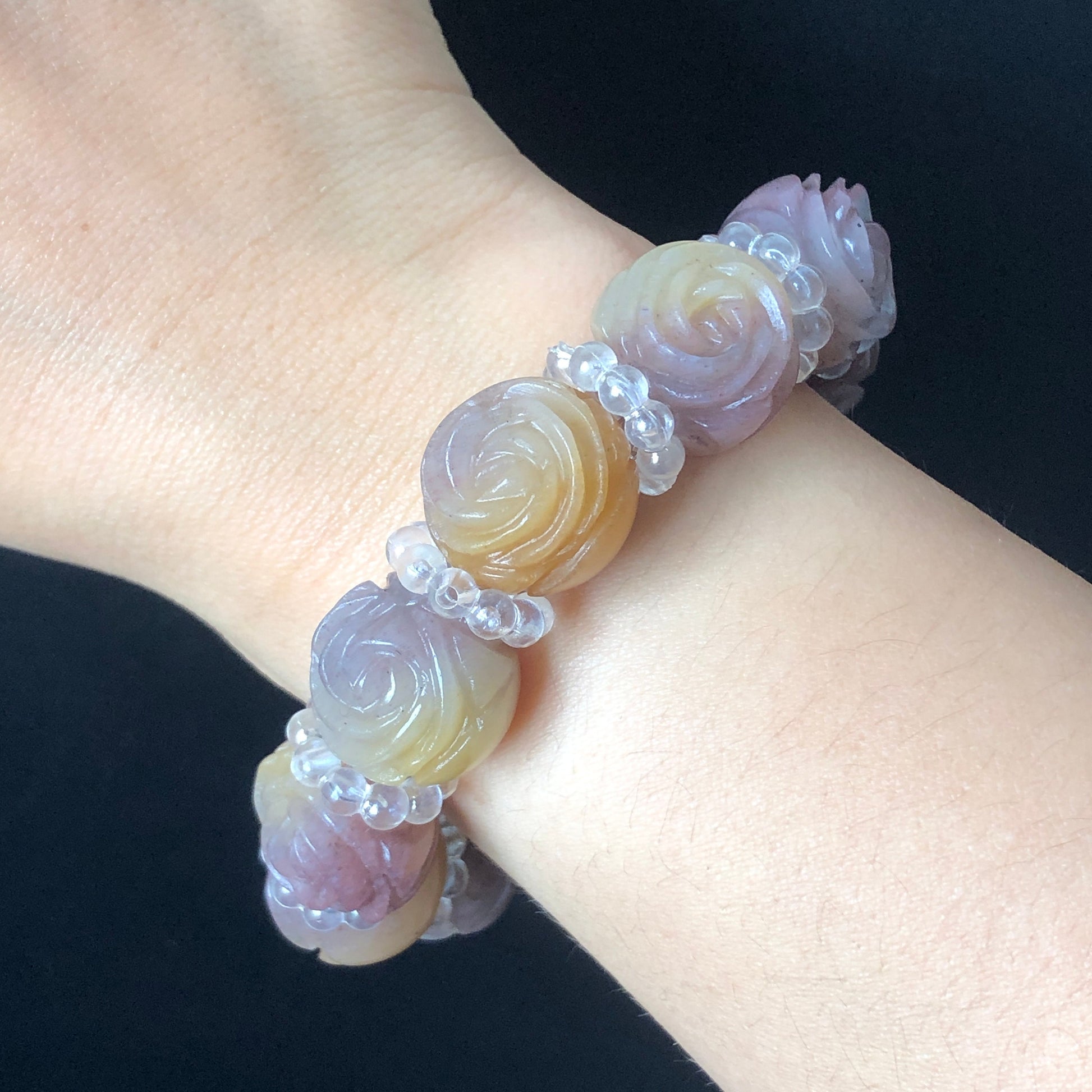 Natural SheTaiCui Jade (Quartzite) carved icy Purple and Yellow Rose crystal charms Bracelet | Taro Mango | Sweet Elegant | custom size