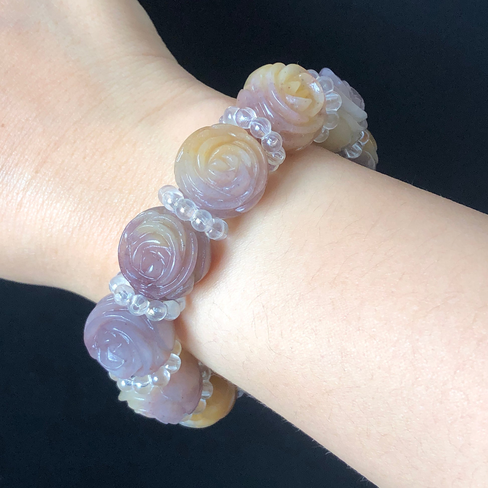 Natural SheTaiCui Jade (Quartzite) carved icy Purple and Yellow Rose crystal charms Bracelet | Taro Mango | Sweet Elegant | custom size