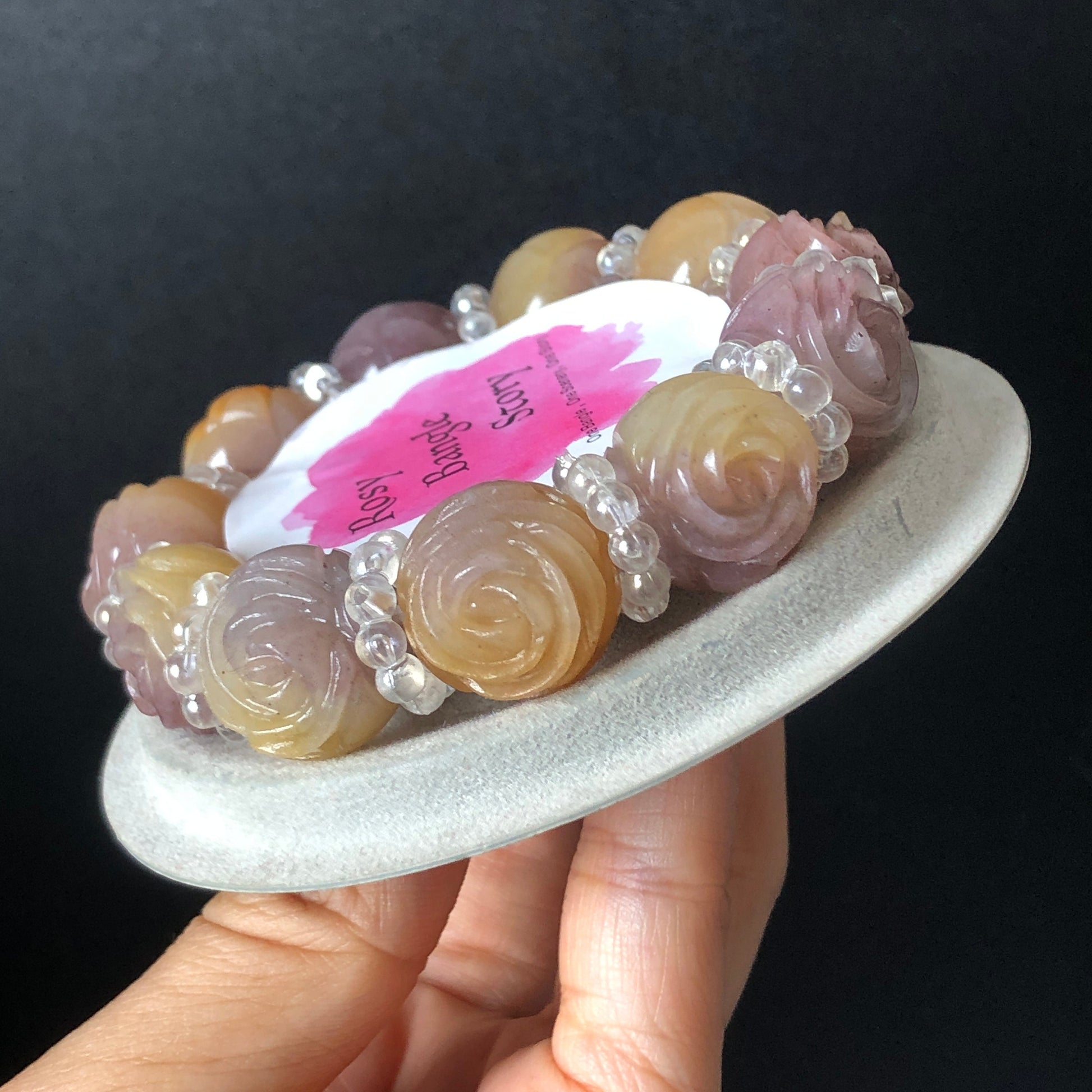 Natural SheTaiCui Jade (Quartzite) carved icy Purple and Yellow Rose crystal charms Bracelet | Taro Mango | Sweet Elegant | custom size