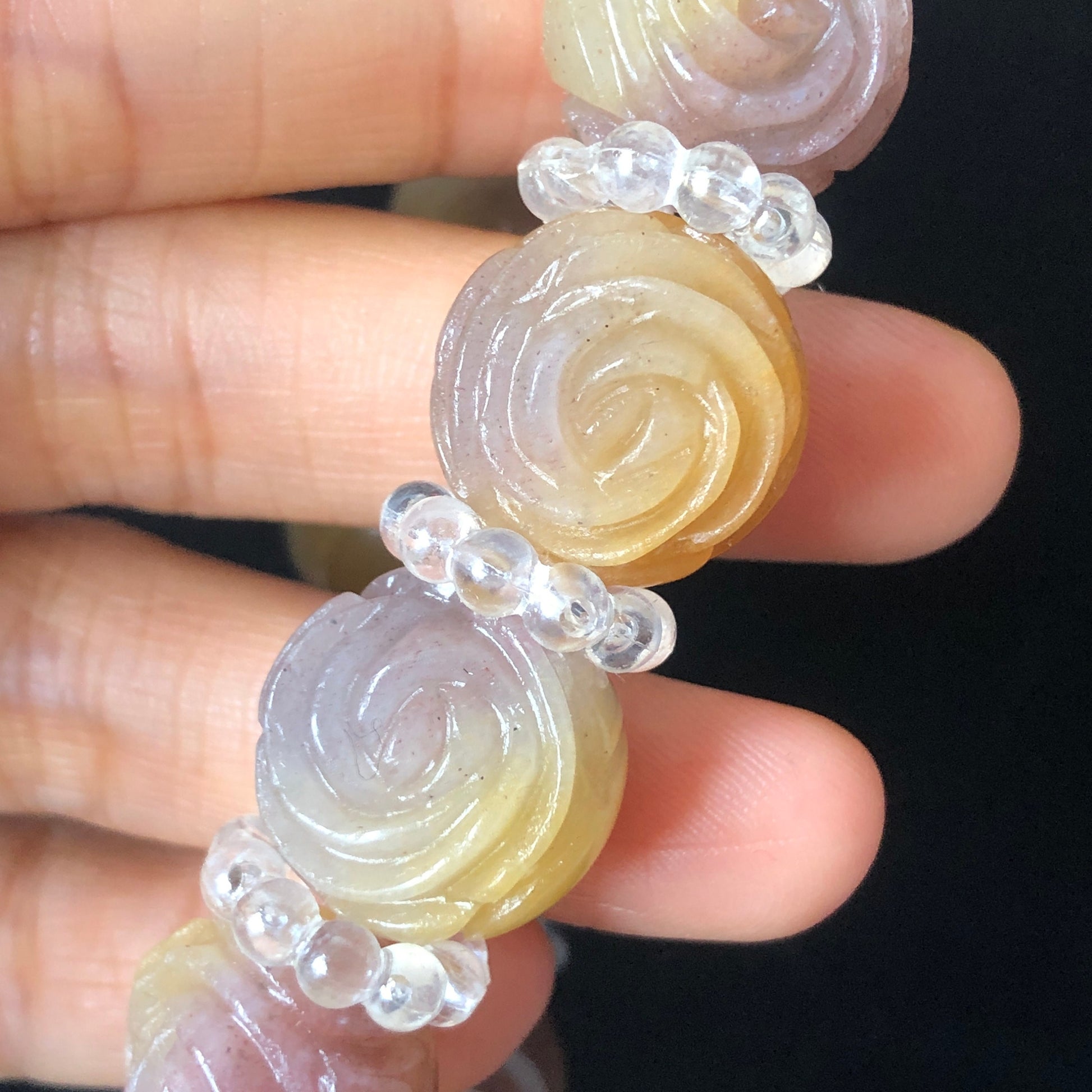 Natural SheTaiCui Jade (Quartzite) carved icy Purple and Yellow Rose crystal charms Bracelet | Taro Mango | Sweet Elegant | custom size