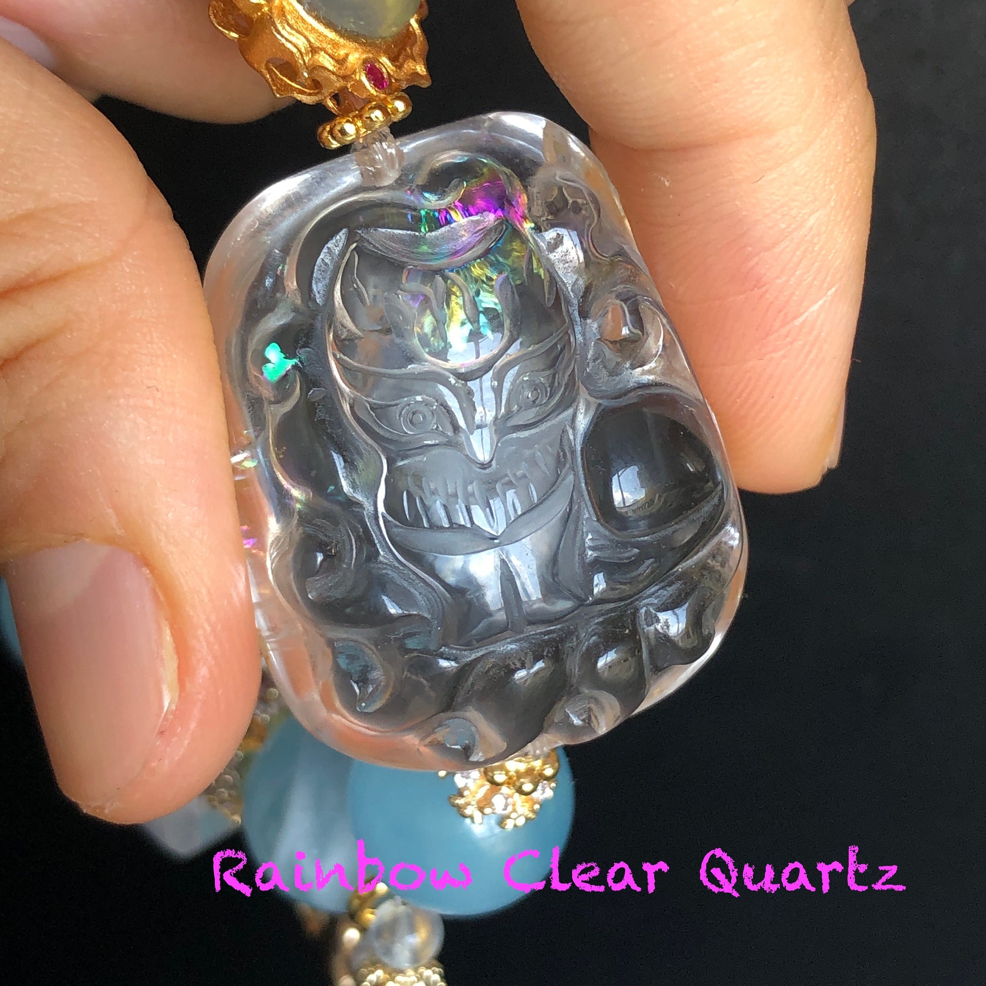 Clear Quartz with Rainbow Hand Carved Nine-tailed Fox Pendant Charm with Aquamarine & Rose Quartz Crystal Bead Bracelet | Removable Tassel