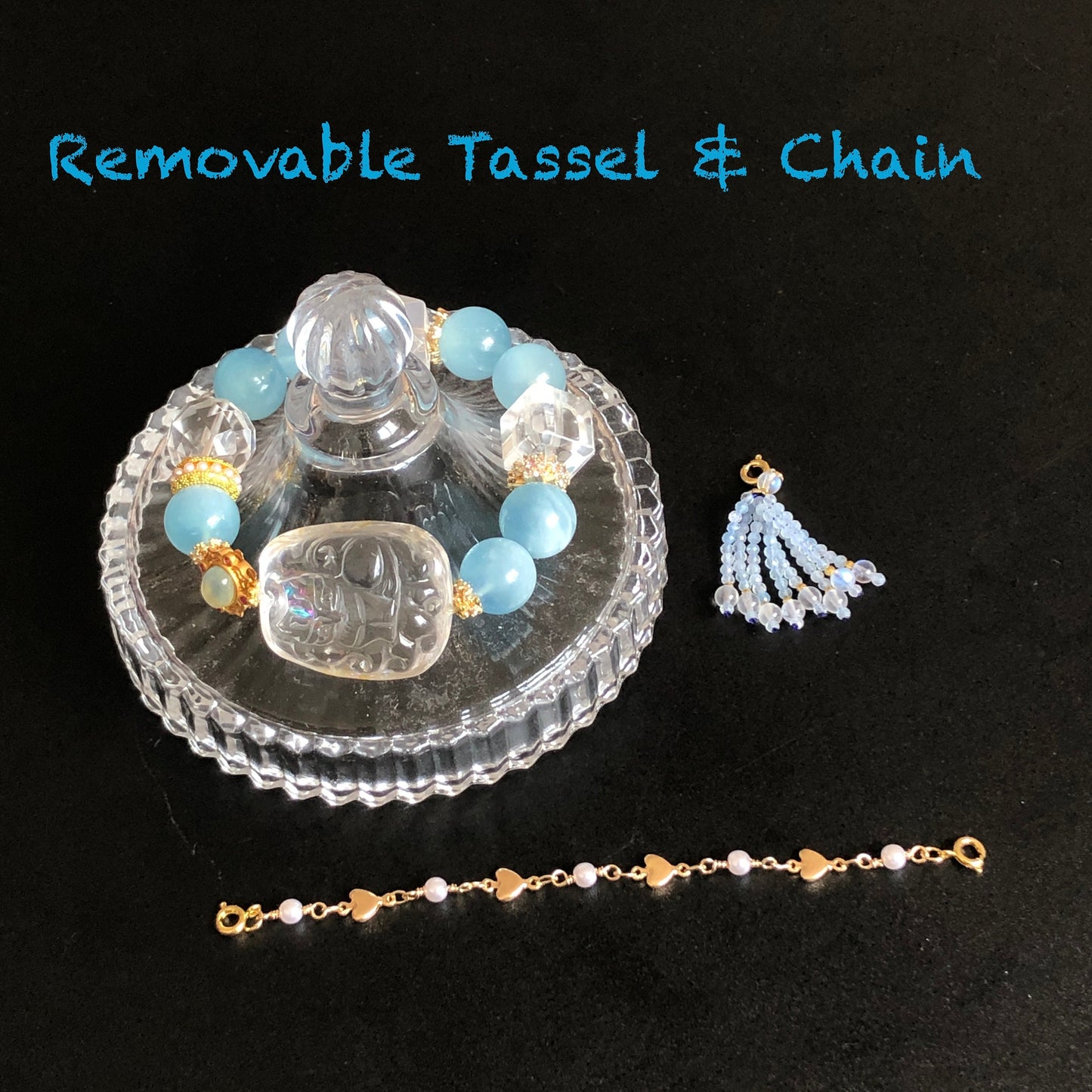 Clear Quartz with Rainbow Hand Carved Nine-tailed Fox Pendant Charm with Aquamarine & Rose Quartz Crystal Bead Bracelet | Removable Tassel