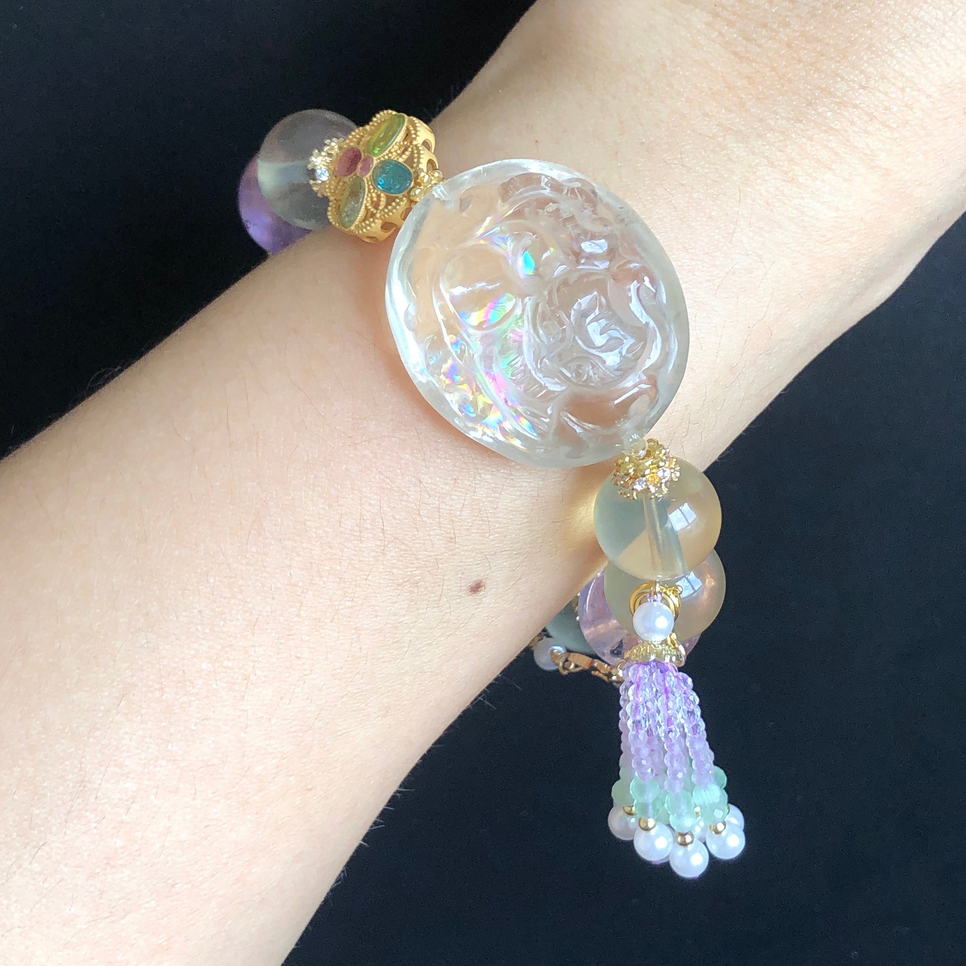 Rare Find Rainbow Clear Quartz Carved Nine-tailed Fox Pendant Charm with Lemon Quartz and Amethyst Crystal Bead Bracelet | Removable Tassel