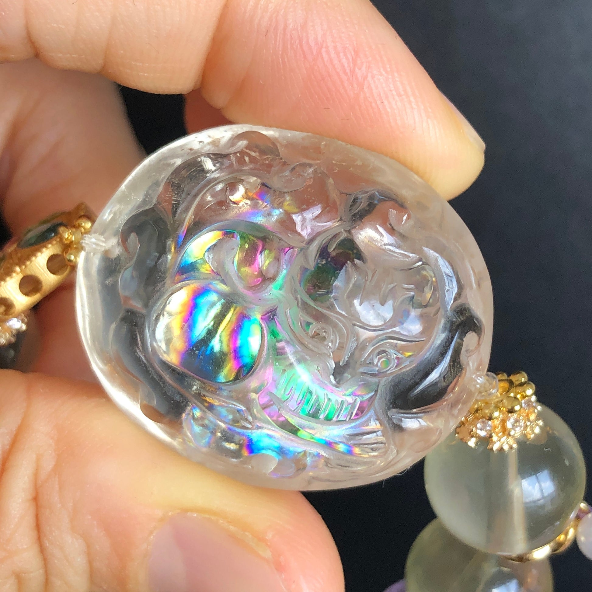 Rare Find Rainbow Clear Quartz Carved Nine-tailed Fox Pendant Charm with Lemon Quartz and Amethyst Crystal Bead Bracelet | Removable Tassel