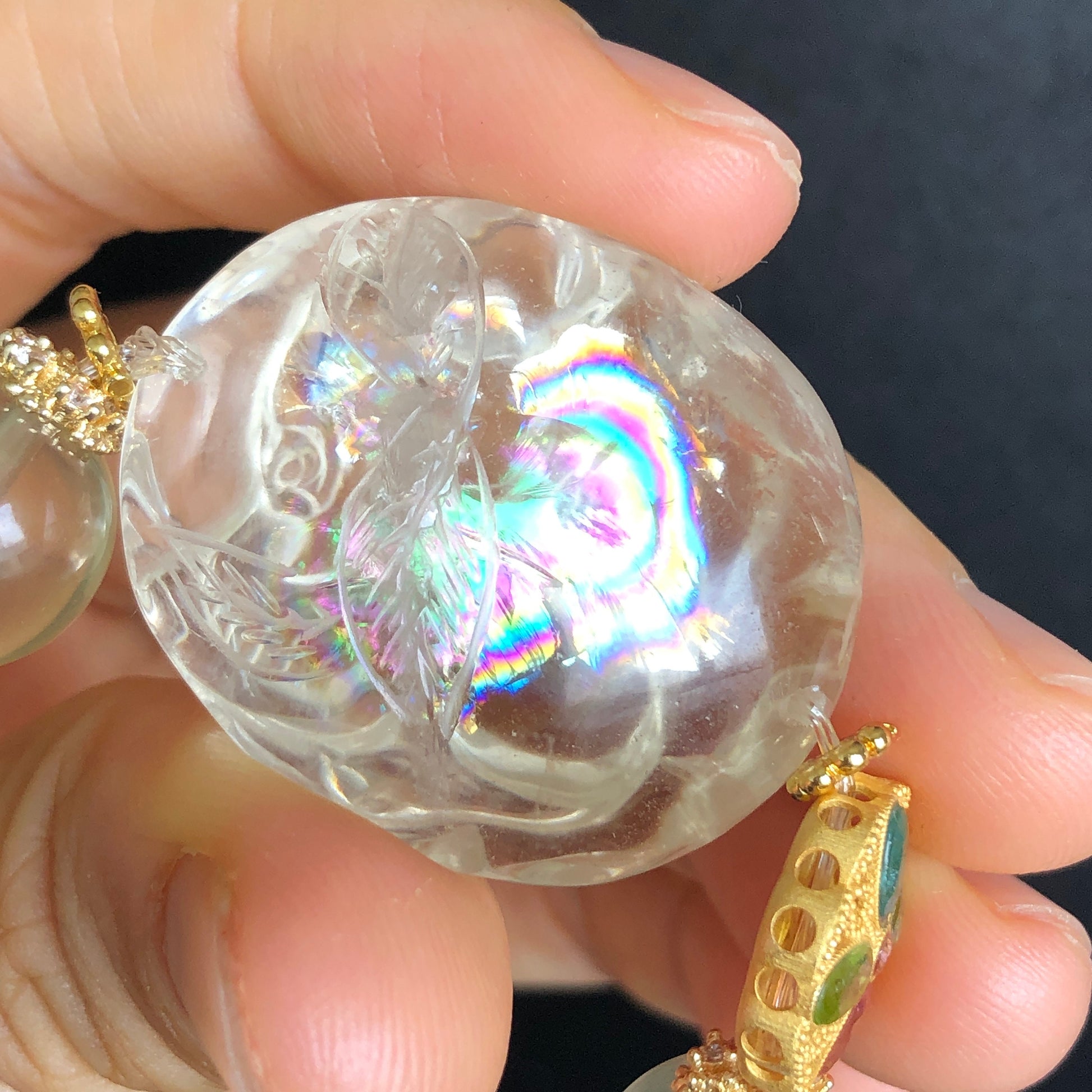 Rare Find Rainbow Clear Quartz Carved Nine-tailed Fox Pendant Charm with Lemon Quartz and Amethyst Crystal Bead Bracelet | Removable Tassel