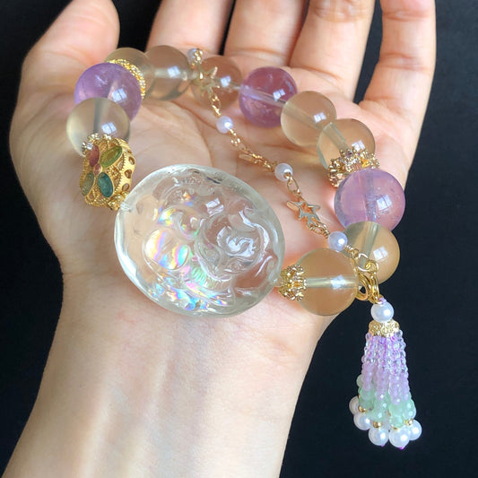 Rare Find Rainbow Clear Quartz Carved Nine-tailed Fox Pendant Charm with Lemon Quartz and Amethyst Crystal Bead Bracelet | Removable Tassel