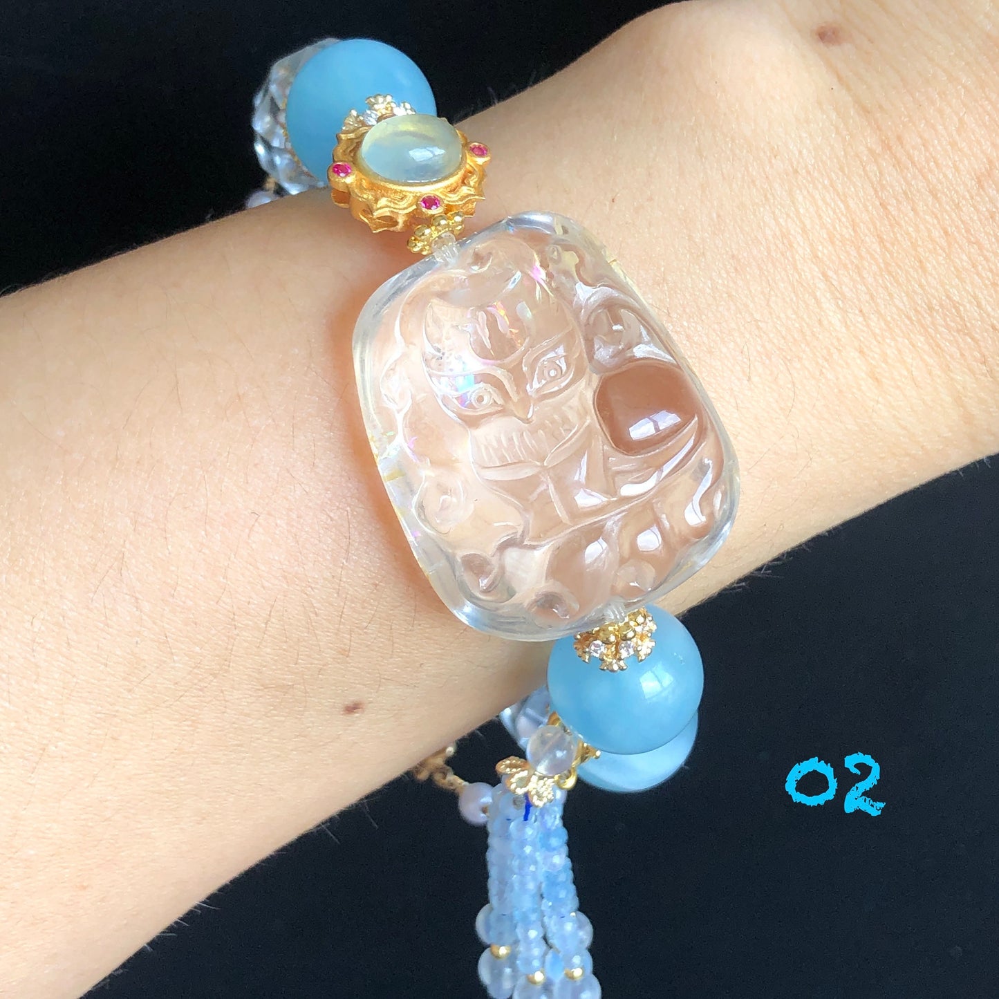 Rainbow Carved Nine-tailed Fox Charm Crystal Bracelets | Amethyst, Aquamarine, Citrine, Rose Quartz, Clear Quartz | Removable Tassel