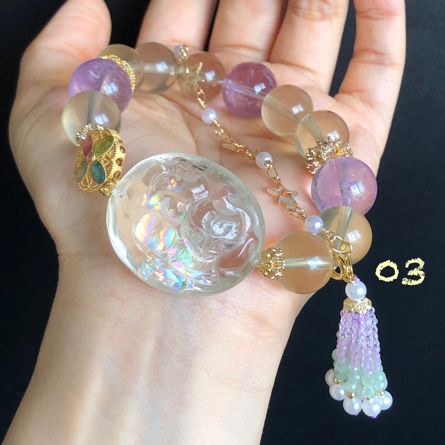 Rainbow Carved Nine-tailed Fox Charm Crystal Bracelets | Amethyst, Aquamarine, Citrine, Rose Quartz, Clear Quartz | Removable Tassel