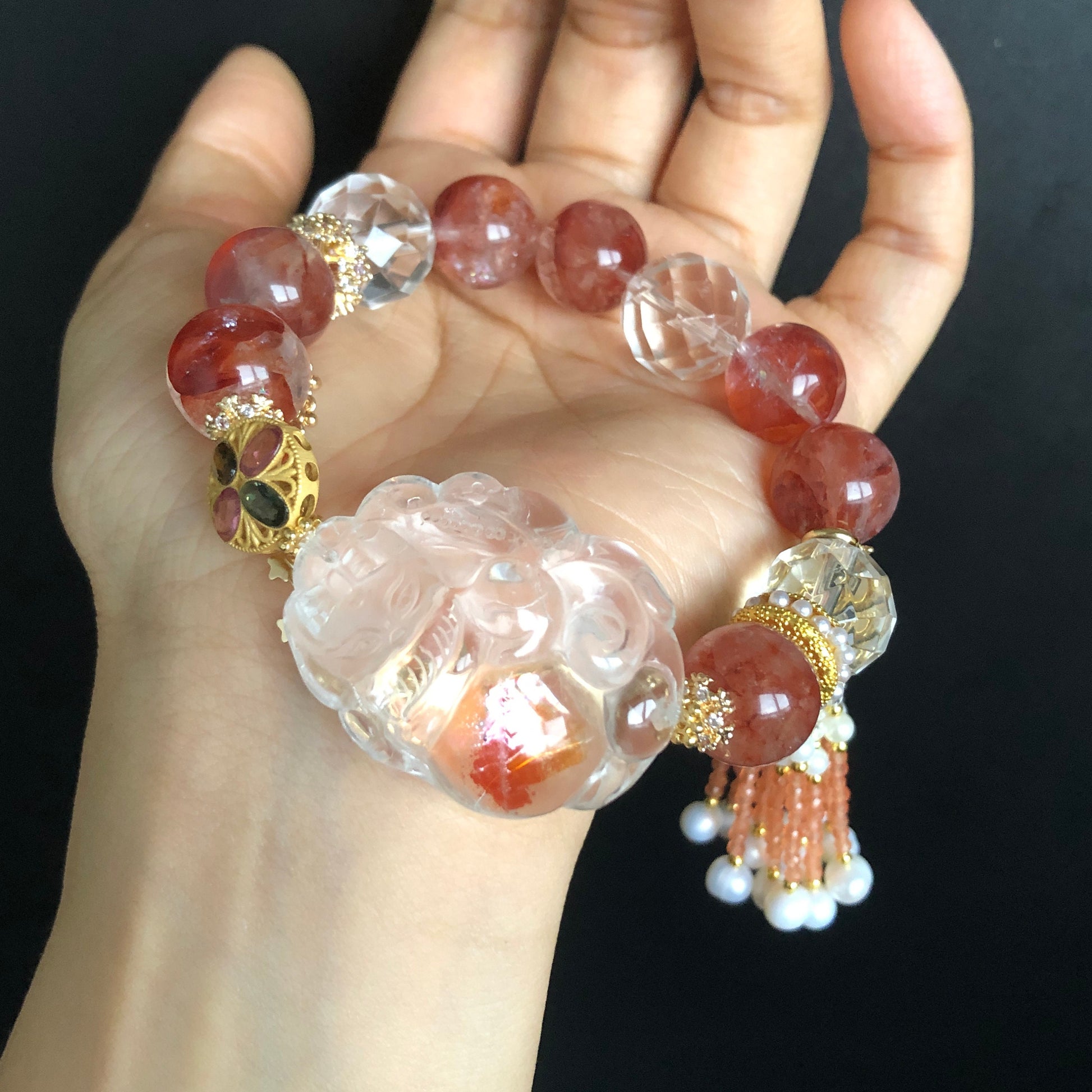 Rainbow Yellow and Red Hematoid Quartz Carved Nine-tailed Fox Charm Bracelet | with Clear Quartz, Tourmaline | Self-confidence & Fortune