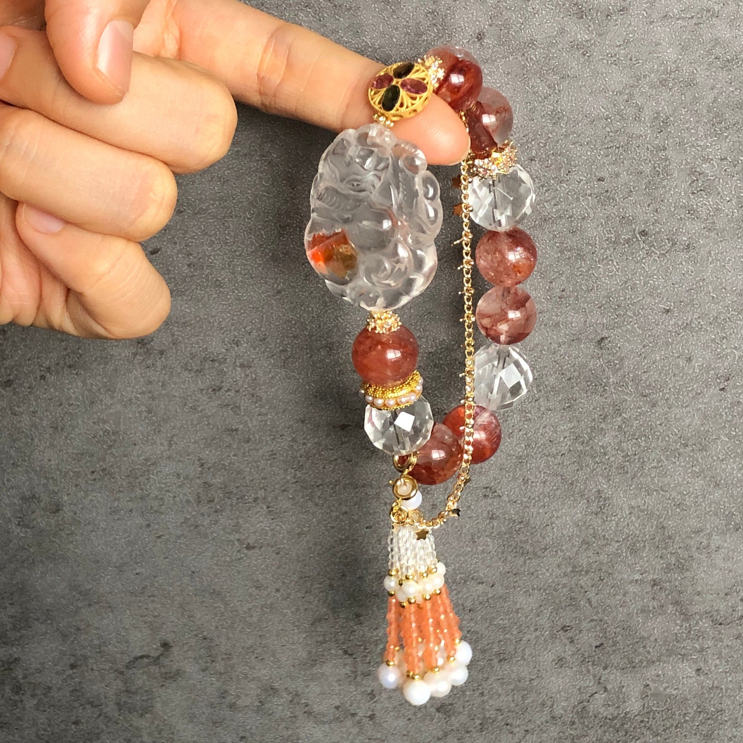 Rainbow Yellow and Red Hematoid Quartz Carved Nine-tailed Fox Charm Bracelet | with Clear Quartz, Tourmaline | Self-confidence & Fortune