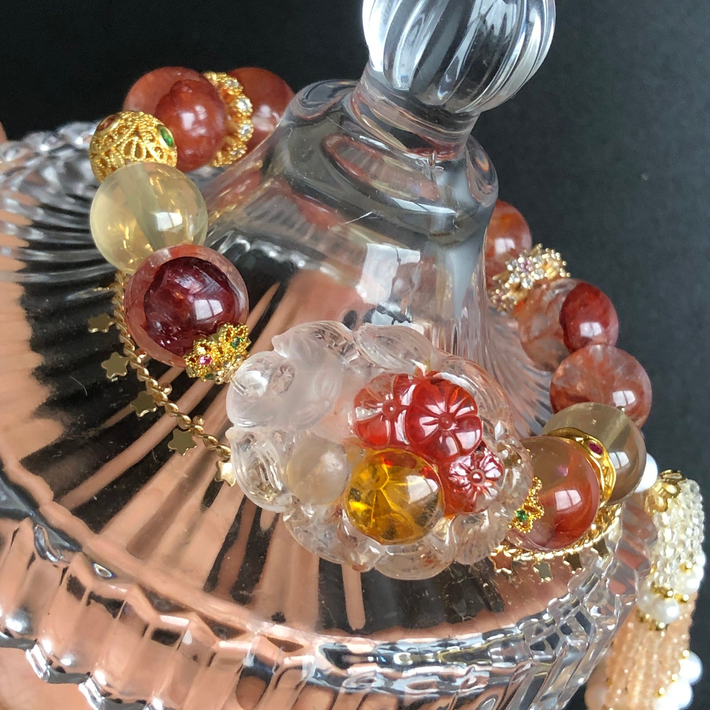 Rare Yellow and Red Hematoid Quartz Carved Nine-tailed Fox Charm Bracelet | Lemon Quartz | Crystal Tassel | Self-confidence & Intelligence