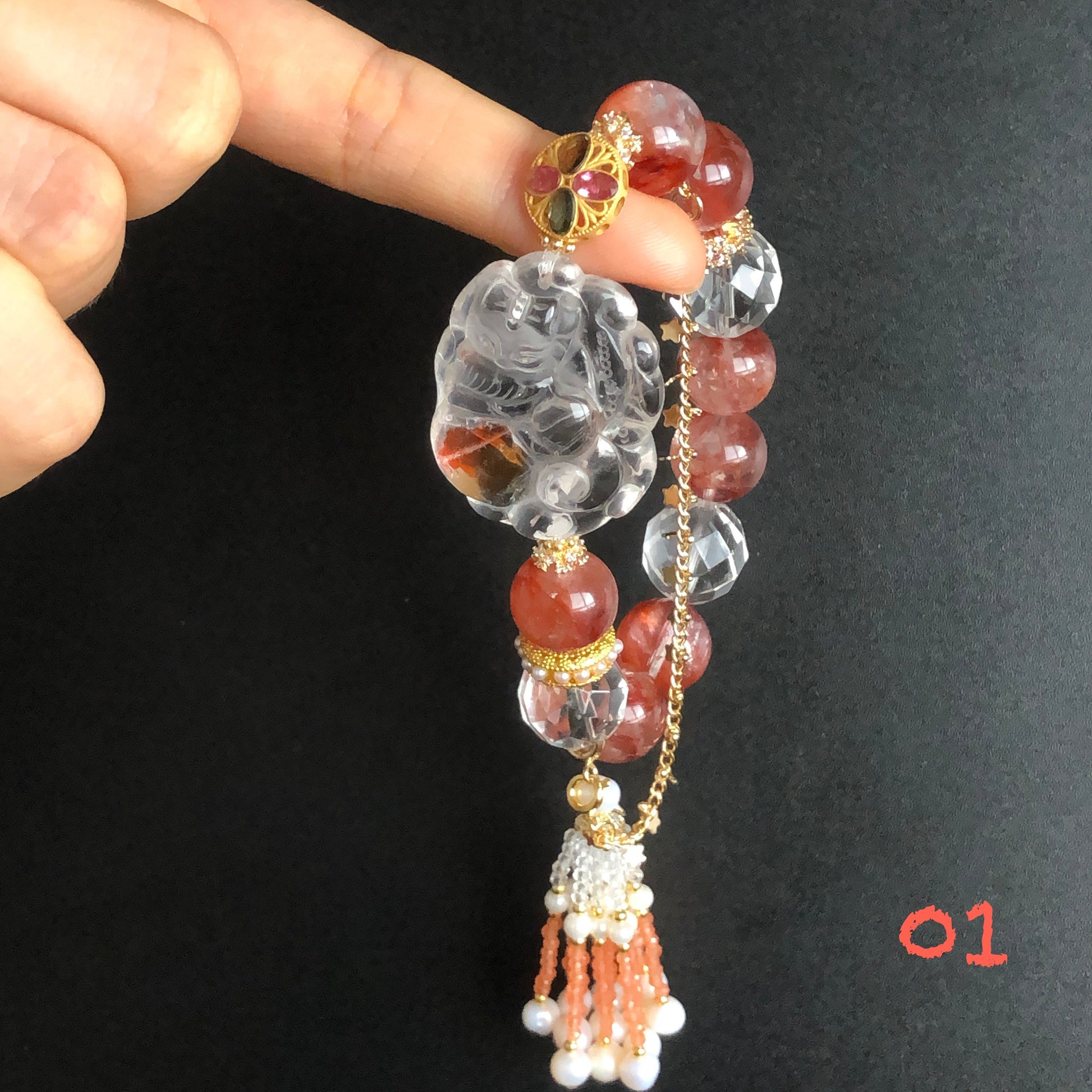 Rainbow Hematoid Quartz Carved Nine-tailed Fox Charm Crystal Bracelets | Lemon Quartz, Clear Quartz | Spinel Tassel | Self-confidence & Love