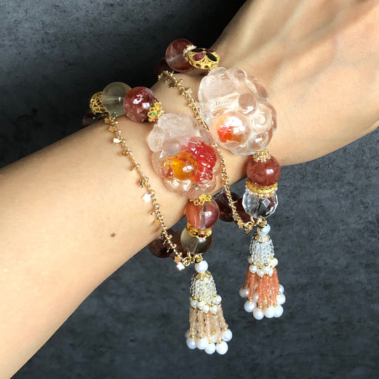 Rainbow Hematoid Quartz Carved Nine-tailed Fox Charm Crystal Bracelets | Lemon Quartz, Clear Quartz | Spinel Tassel | Self-confidence & Love