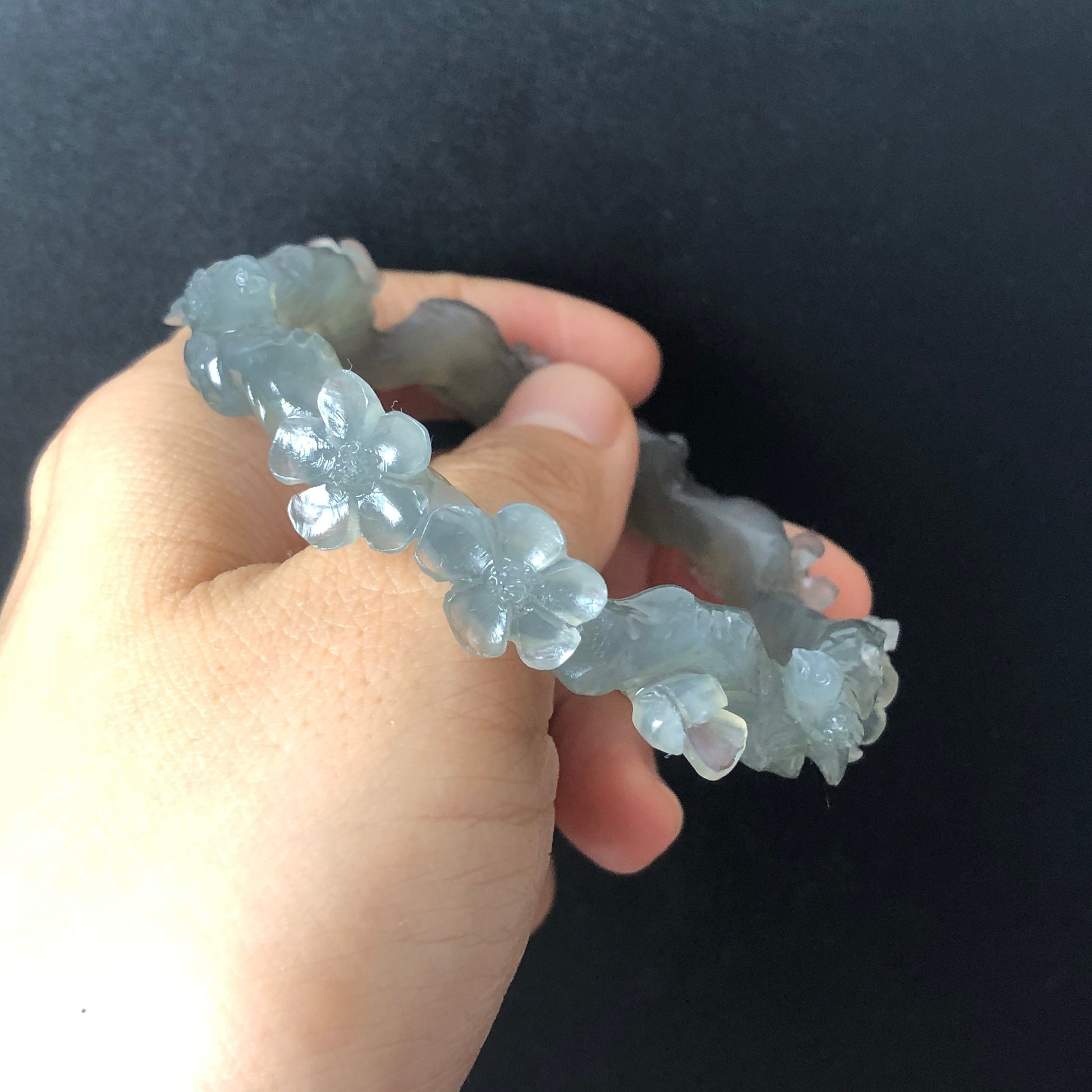 52-66mm Custom Size Natural Xiu Jade Serpentine Hand Carved Magpie Birds and Flower Bangle | Icy Gray | Stone Crystal Gemstone Jewellery