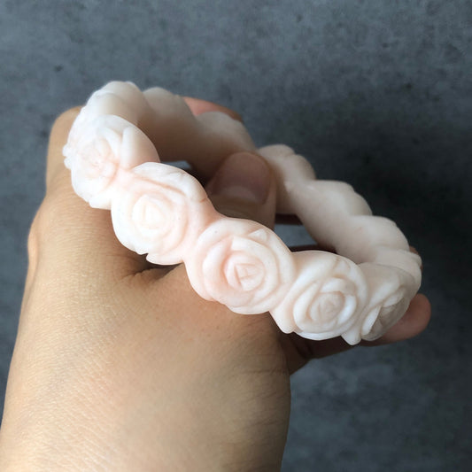 53.9mm Custom Size Natural SheTaicui jade (Quartzite) Carved Rose Bangle Bracelet | Milky Coral | Custom Made Size | Crystal Gemstone Stone