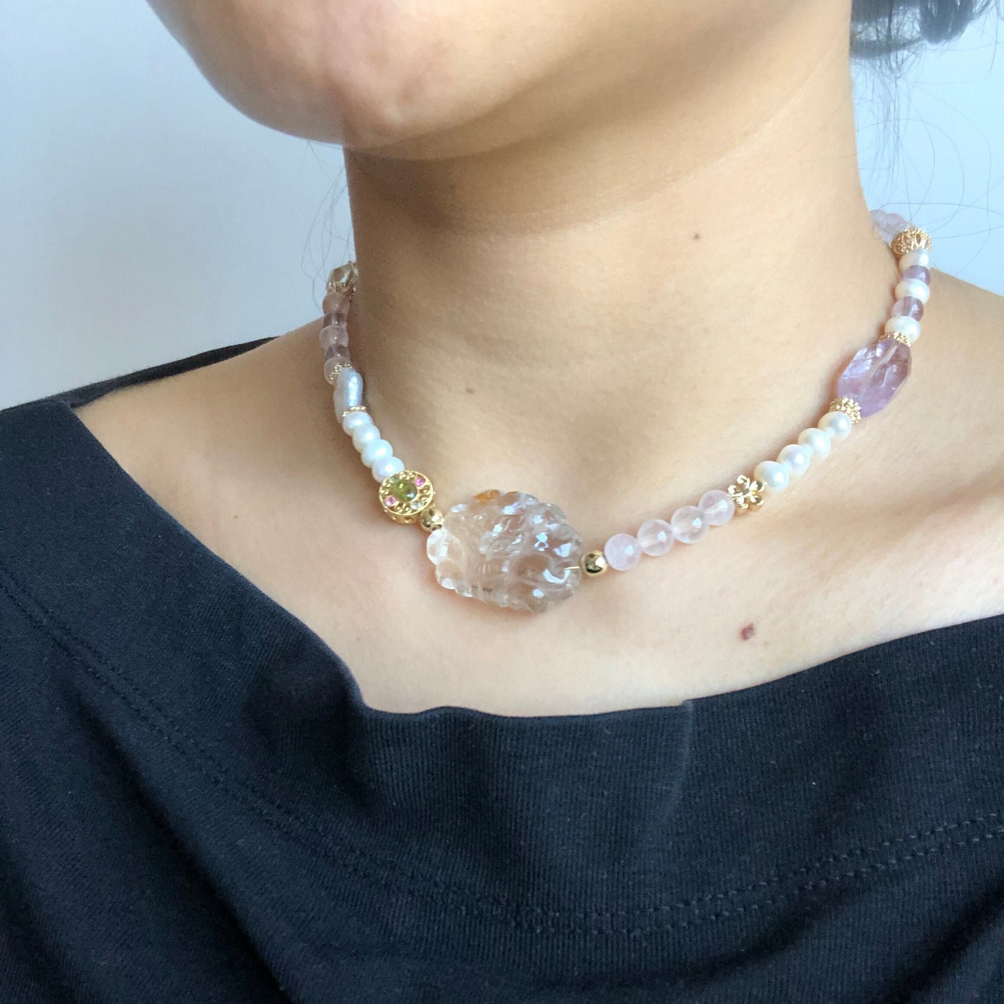 Rainbow Clear Quartz with Hematoid Carved Nine-tailed Fox 2 way Necklace Choker and Bracelet | Rose Quartz, Amethyst and Freshwater Pearl