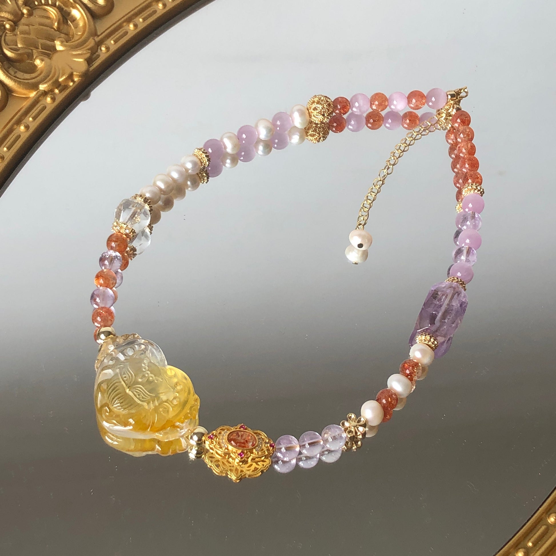 Rainbow Carved Yellow Hematoid Nine-tailed Fox 2 way Necklace Choker and Bracelet | Sunstone, Amethyst, Kunzite, Clear Quartz, Pearl