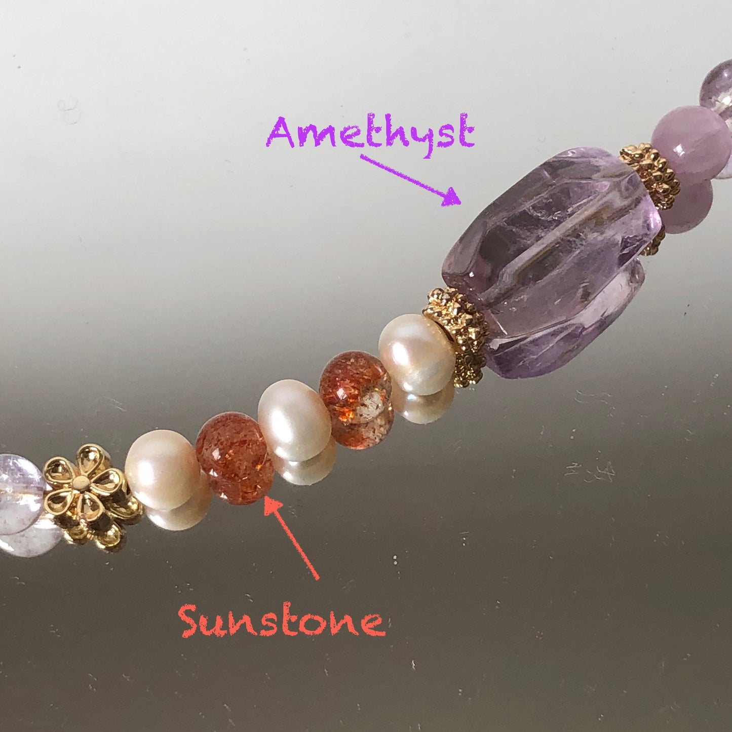 Rainbow Carved Yellow Hematoid Nine-tailed Fox 2 way Necklace Choker and Bracelet | Sunstone, Amethyst, Kunzite, Clear Quartz, Pearl