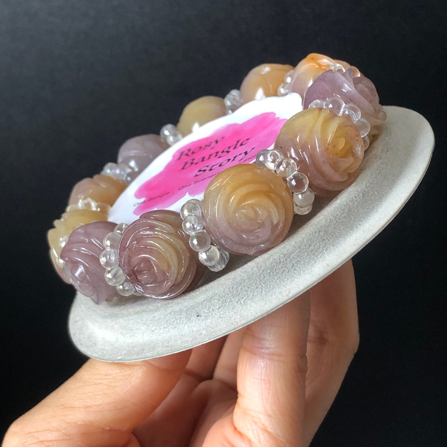 Natural SheTaiCui Jade (Quartzite) carved icy Purple and Yellow Rose crystal charms Bracelet | Taro Mango | Sweet Elegant | custom size