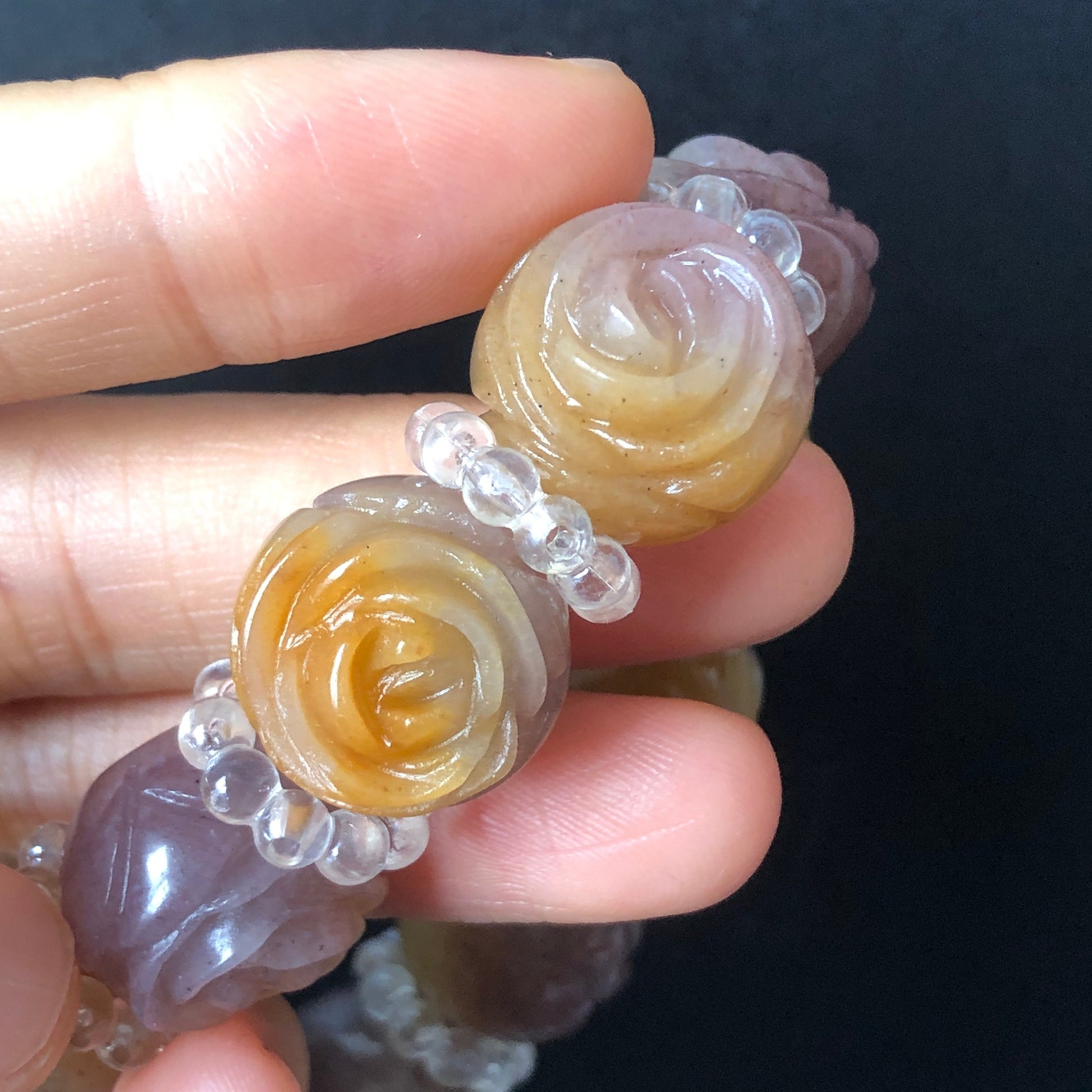 Natural SheTaiCui Jade (Quartzite) carved icy Purple and Yellow Rose crystal charms Bracelet | Taro Mango | Sweet Elegant | custom size