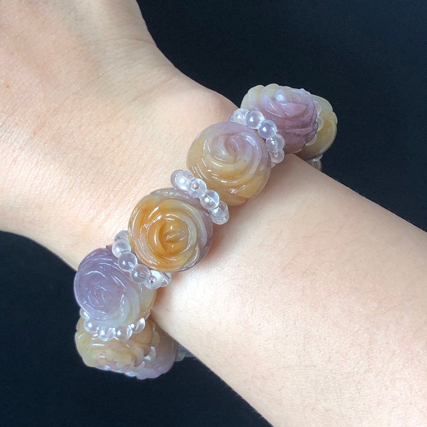 Natural SheTaiCui Jade (Quartzite) carved icy Purple and Yellow Rose crystal charms Bracelet | Taro Mango | Sweet Elegant | custom size