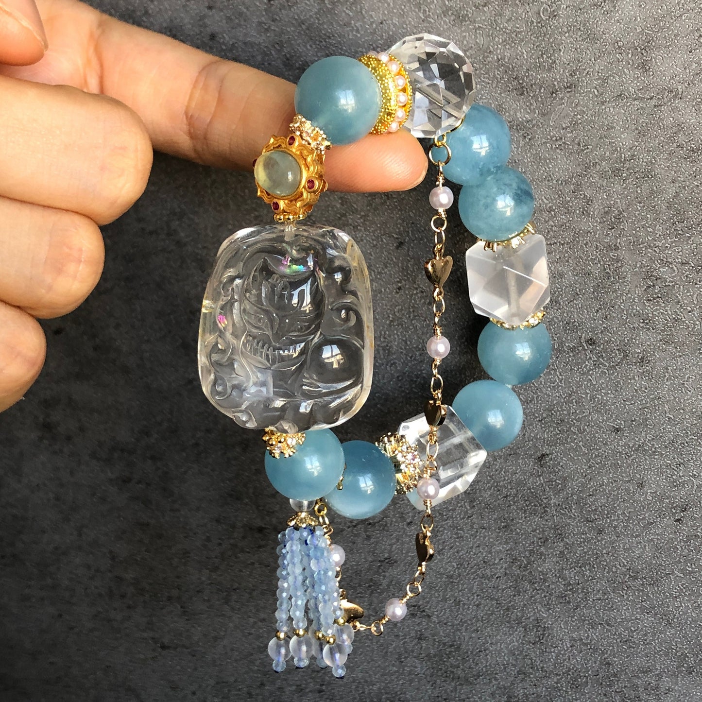 Clear Quartz with Rainbow Hand Carved Nine-tailed Fox Pendant Charm with Aquamarine & Rose Quartz Crystal Bead Bracelet | Removable Tassel