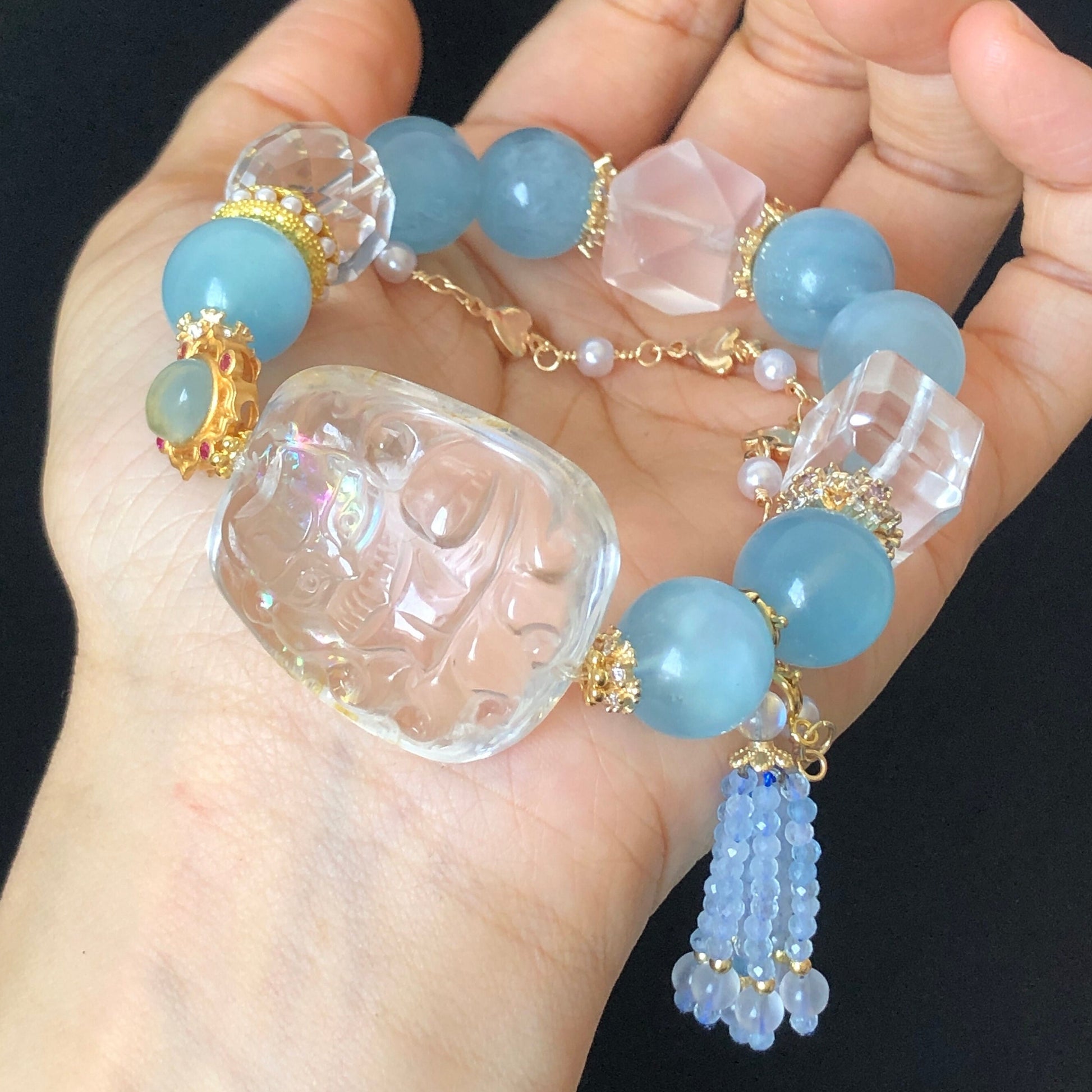 Clear Quartz with Rainbow Hand Carved Nine-tailed Fox Pendant Charm with Aquamarine & Rose Quartz Crystal Bead Bracelet | Removable Tassel