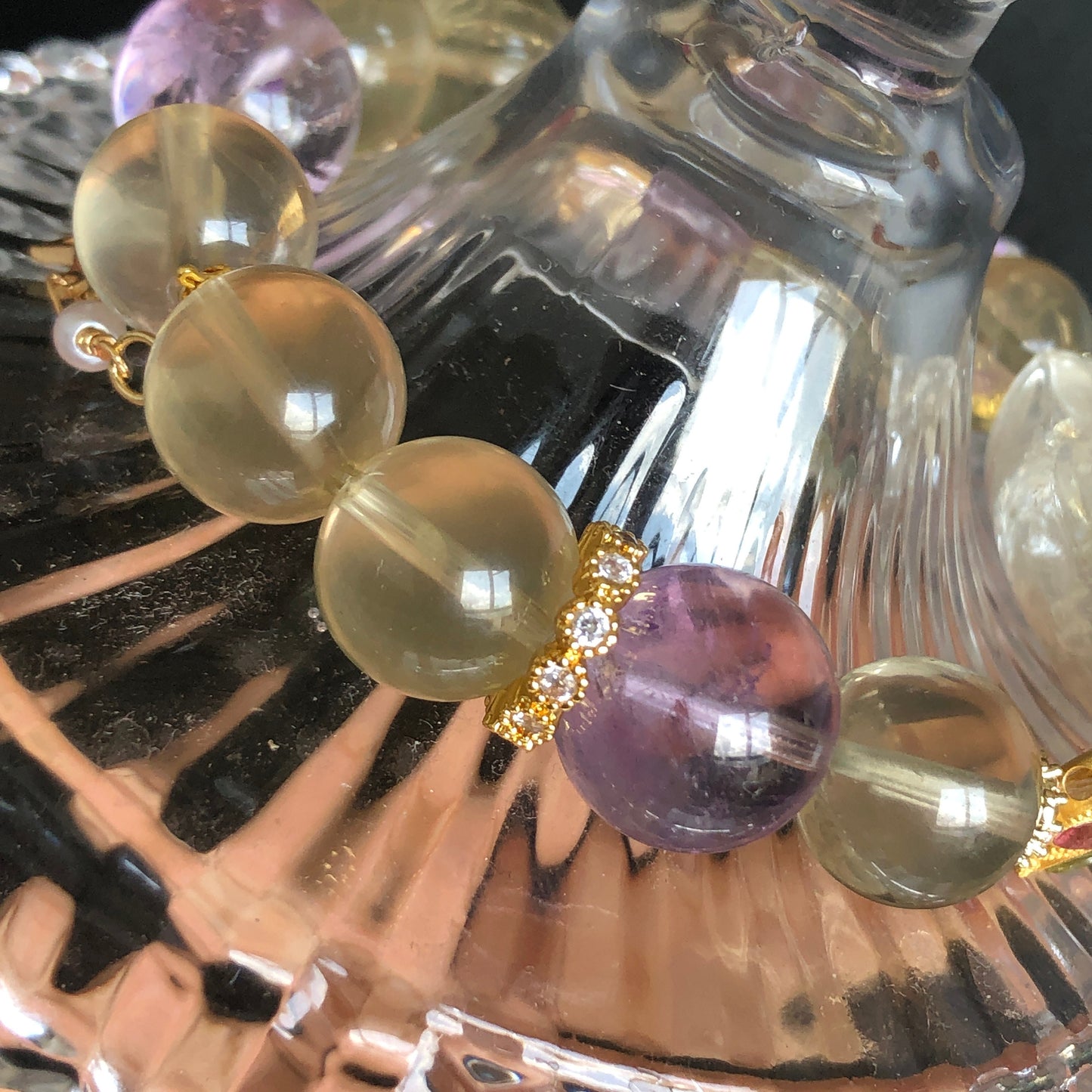 Rare Find Rainbow Clear Quartz Carved Nine-tailed Fox Pendant Charm with Lemon Quartz and Amethyst Crystal Bead Bracelet | Removable Tassel