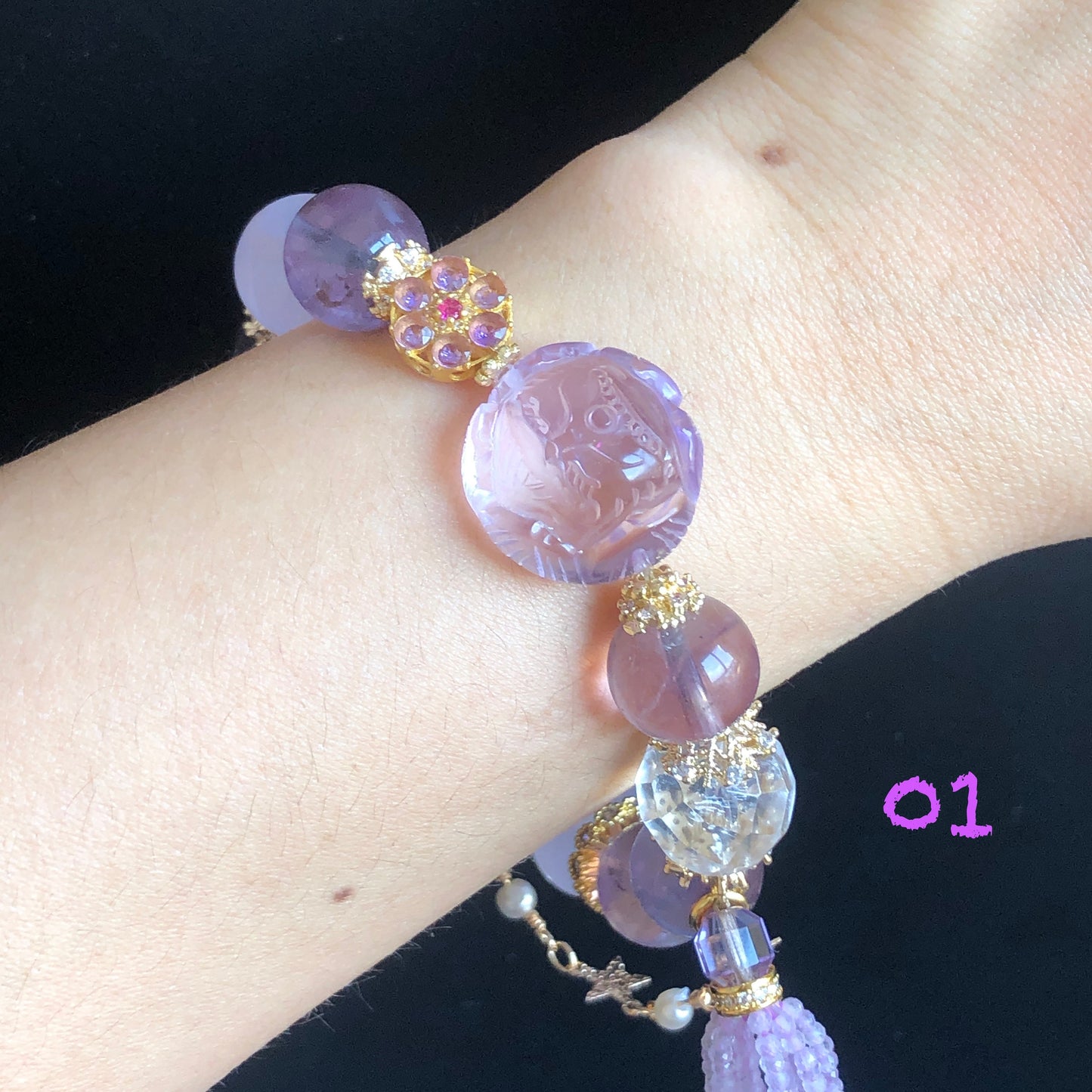 Rainbow Carved Nine-tailed Fox Charm Crystal Bracelets | Amethyst, Aquamarine, Citrine, Rose Quartz, Clear Quartz | Removable Tassel