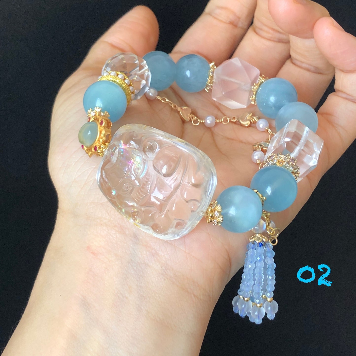 Rainbow Carved Nine-tailed Fox Charm Crystal Bracelets | Amethyst, Aquamarine, Citrine, Rose Quartz, Clear Quartz | Removable Tassel