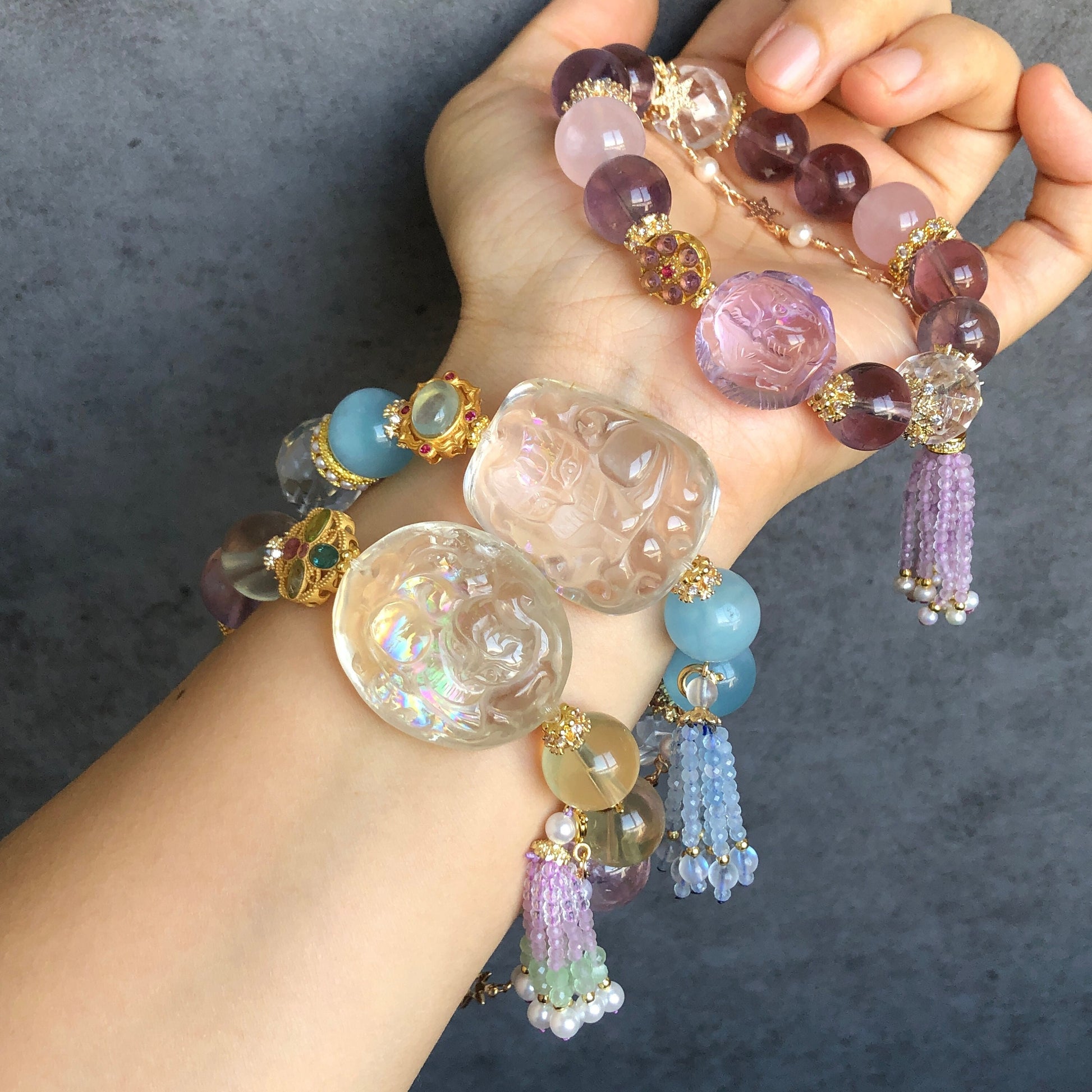 Rainbow Carved Nine-tailed Fox Charm Crystal Bracelets | Amethyst, Aquamarine, Citrine, Rose Quartz, Clear Quartz | Removable Tassel