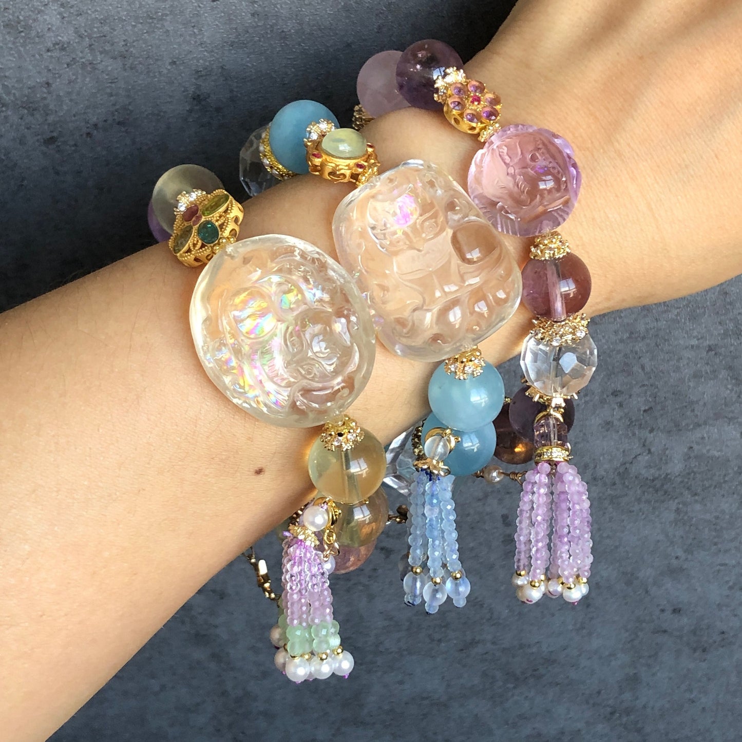 Rainbow Carved Nine-tailed Fox Charm Crystal Bracelets | Amethyst, Aquamarine, Citrine, Rose Quartz, Clear Quartz | Removable Tassel