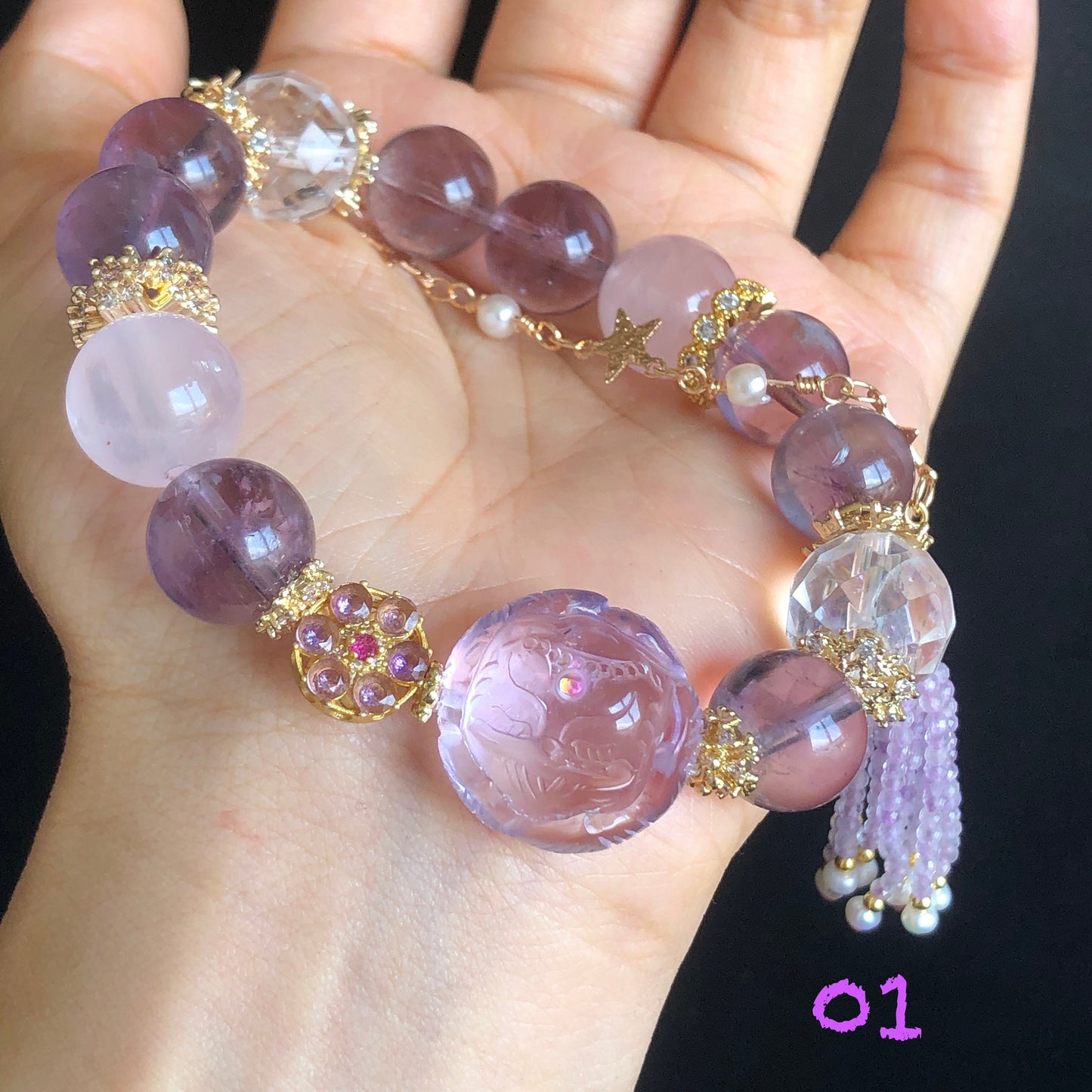 Rainbow Carved Nine-tailed Fox Charm Crystal Bracelets | Amethyst, Aquamarine, Citrine, Rose Quartz, Clear Quartz | Removable Tassel