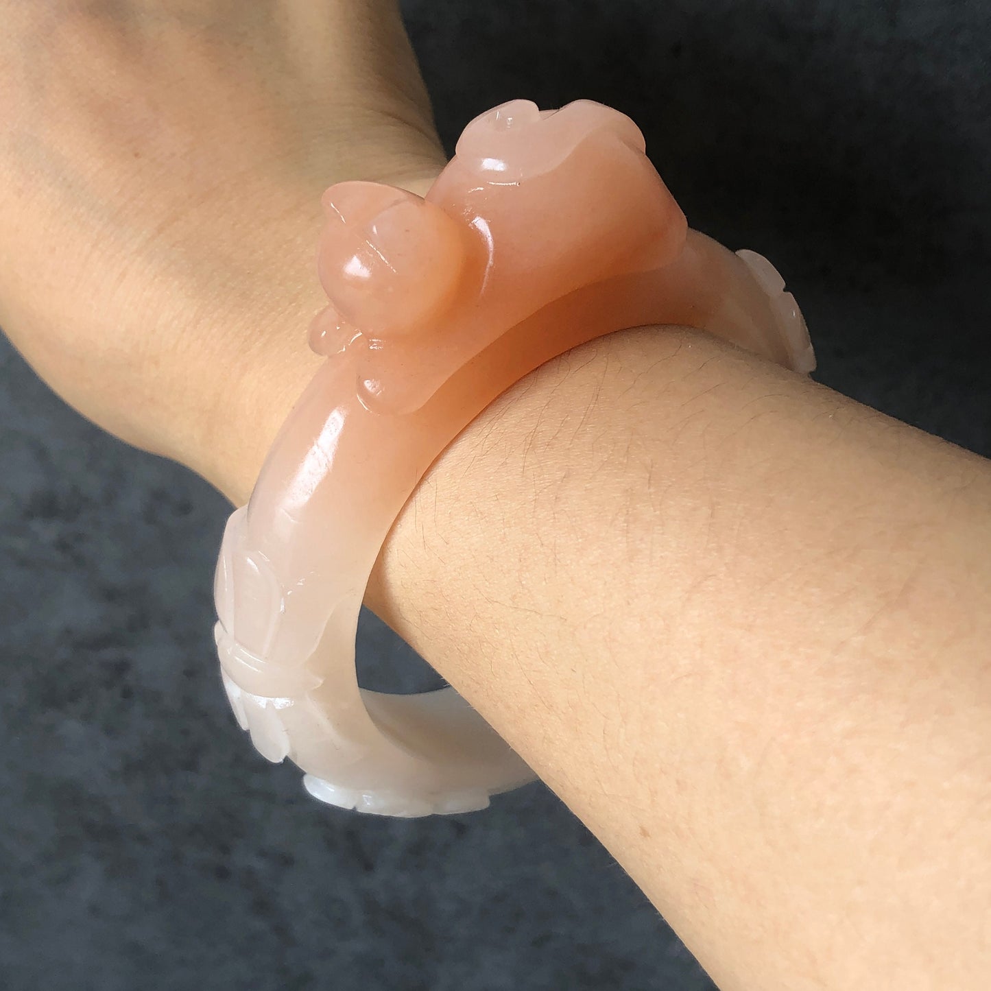 52-66mm Custom Size Natural SheTaiCui jade (Quartzite) Carved Kitten Cat with Flowers Butterfly Crystal Bangle bracelet | Icy Coral Pink