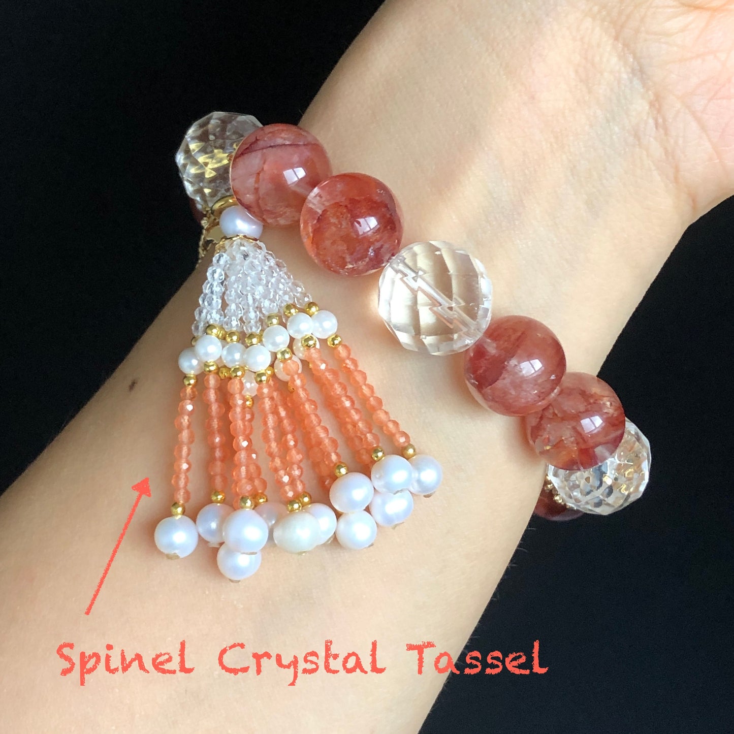 Rainbow Yellow and Red Hematoid Quartz Carved Nine-tailed Fox Charm Bracelet | with Clear Quartz, Tourmaline | Self-confidence & Fortune