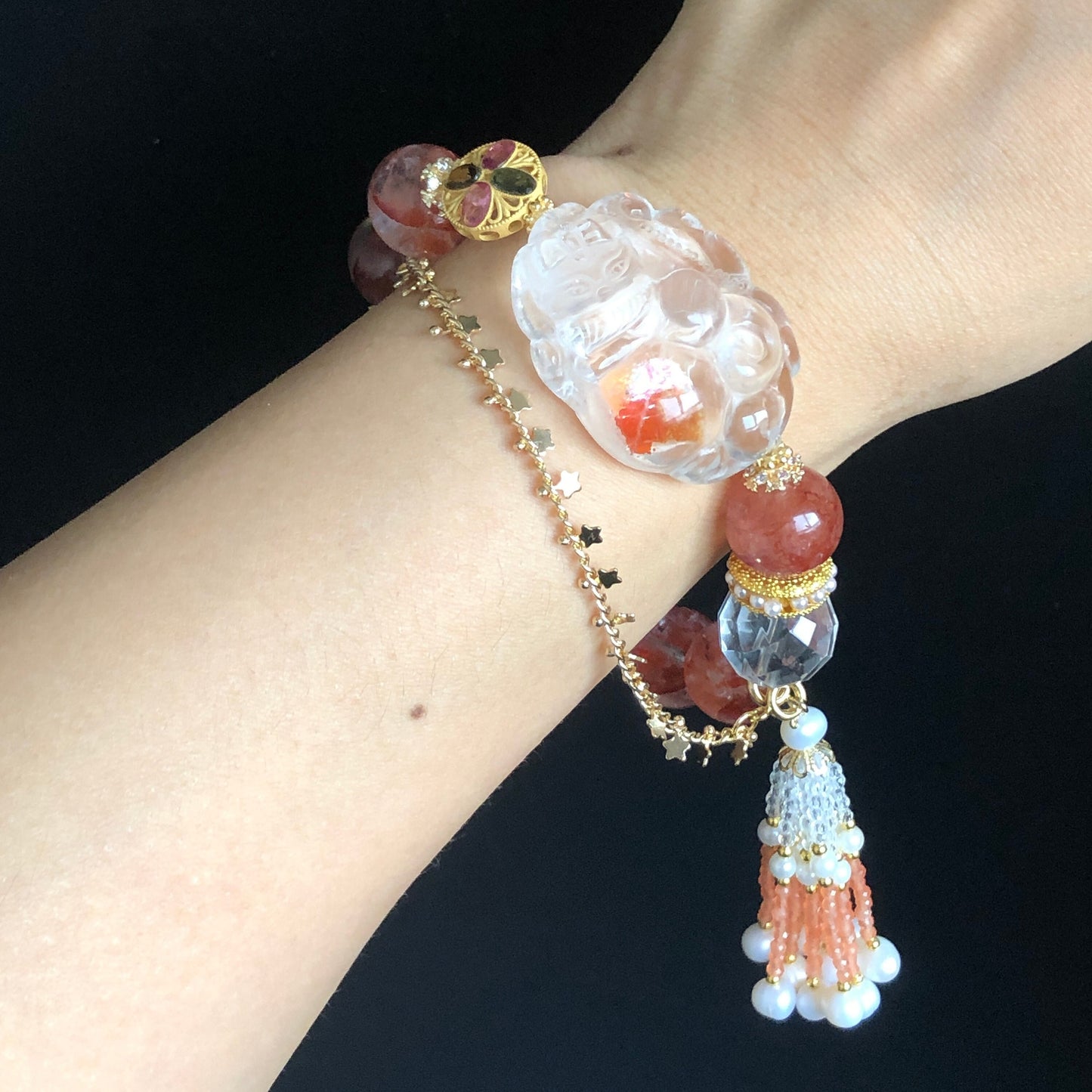 Rainbow Yellow and Red Hematoid Quartz Carved Nine-tailed Fox Charm Bracelet | with Clear Quartz, Tourmaline | Self-confidence & Fortune