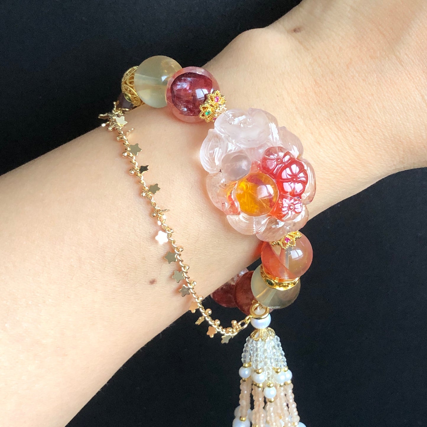 Rare Yellow and Red Hematoid Quartz Carved Nine-tailed Fox Charm Bracelet | Lemon Quartz | Crystal Tassel | Self-confidence & Intelligence