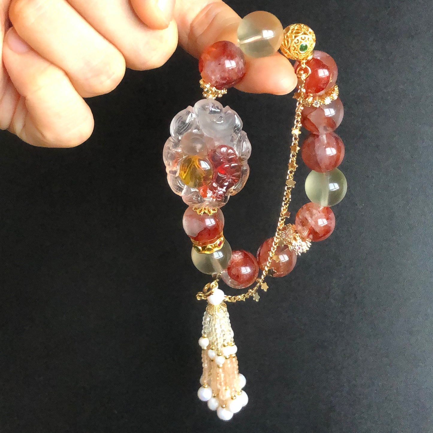 Rare Yellow and Red Hematoid Quartz Carved Nine-tailed Fox Charm Bracelet | Lemon Quartz | Crystal Tassel | Self-confidence & Intelligence