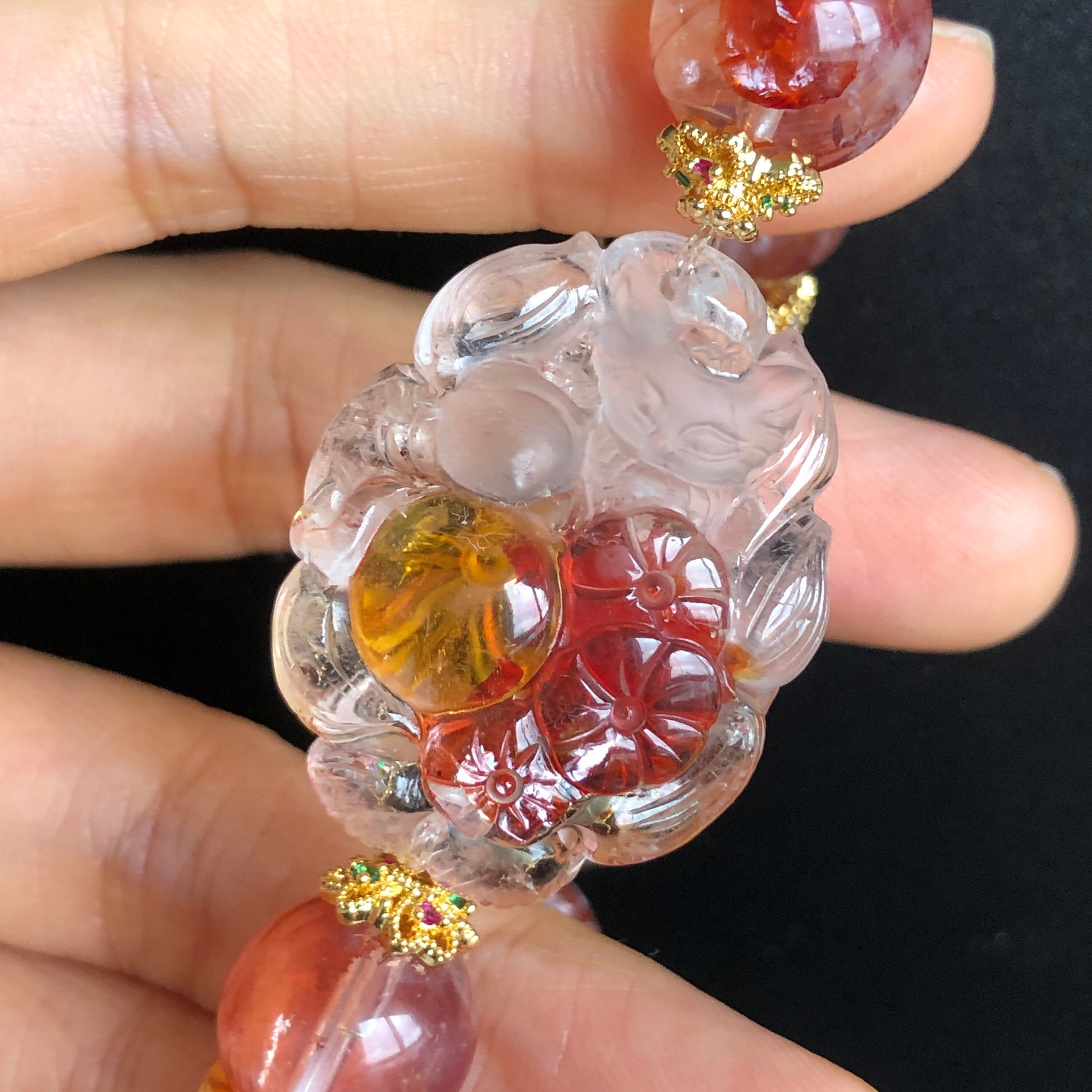 Rare Yellow and Red Hematoid Quartz Carved Nine-tailed Fox Charm Bracelet | Lemon Quartz | Crystal Tassel | Self-confidence & Intelligence