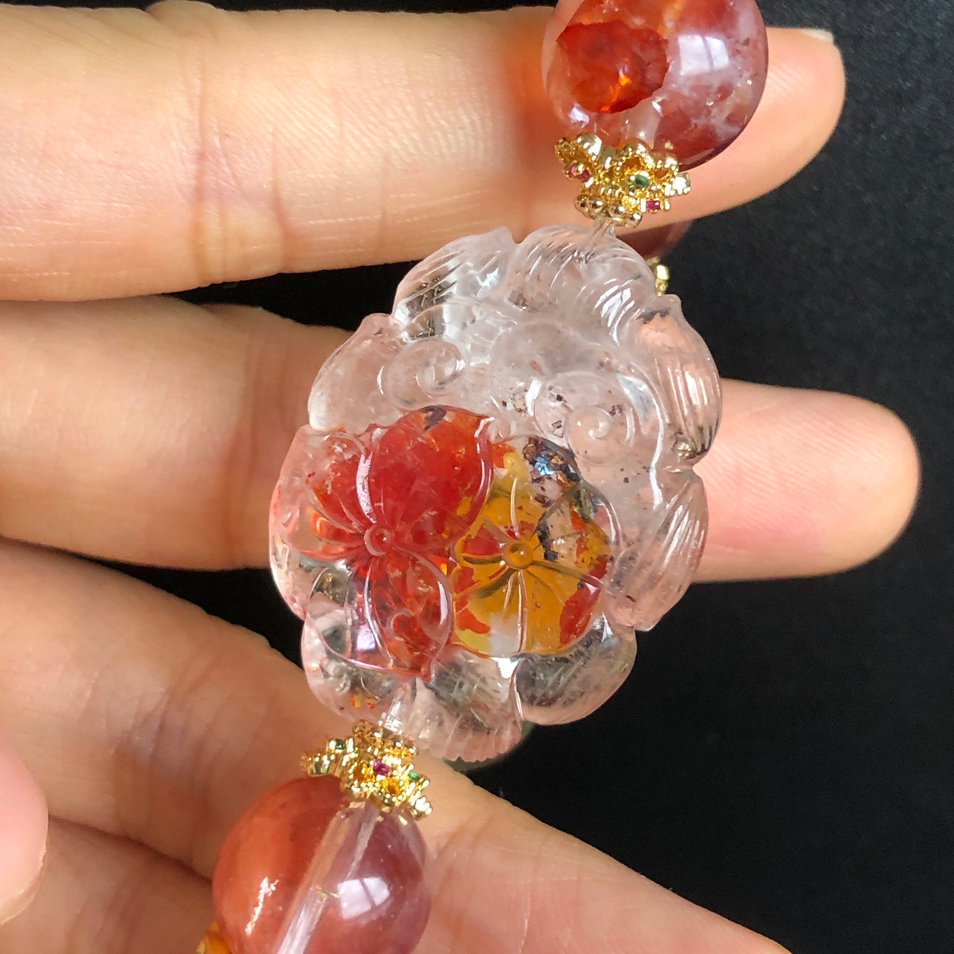 Rare Yellow and Red Hematoid Quartz Carved Nine-tailed Fox Charm Bracelet | Lemon Quartz | Crystal Tassel | Self-confidence & Intelligence