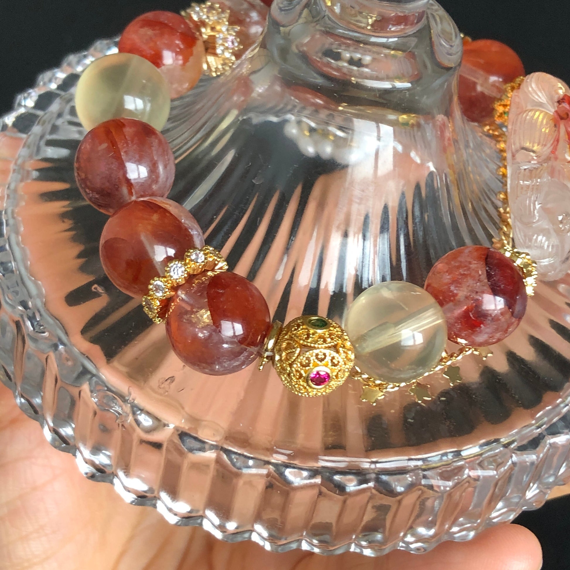 Rare Yellow and Red Hematoid Quartz Carved Nine-tailed Fox Charm Bracelet | Lemon Quartz | Crystal Tassel | Self-confidence & Intelligence