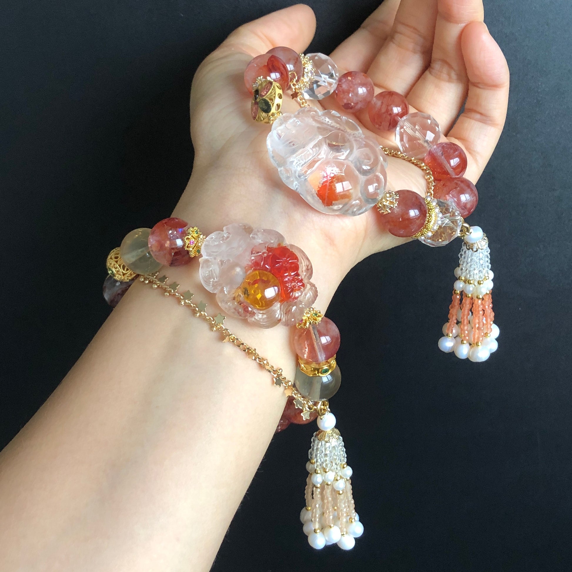 Rainbow Hematoid Quartz Carved Nine-tailed Fox Charm Crystal Bracelets | Lemon Quartz, Clear Quartz | Spinel Tassel | Self-confidence & Love