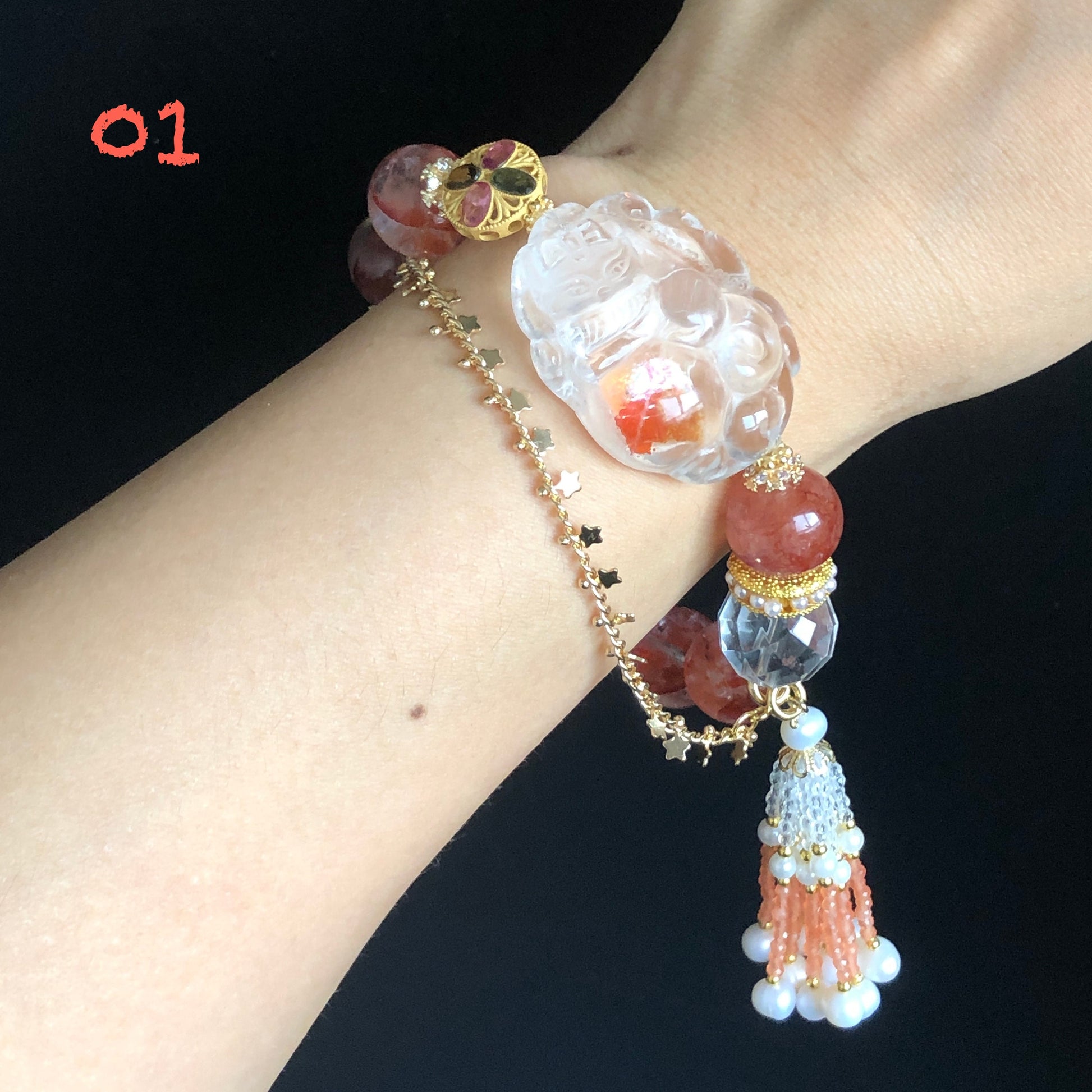 Rainbow Hematoid Quartz Carved Nine-tailed Fox Charm Crystal Bracelets | Lemon Quartz, Clear Quartz | Spinel Tassel | Self-confidence & Love