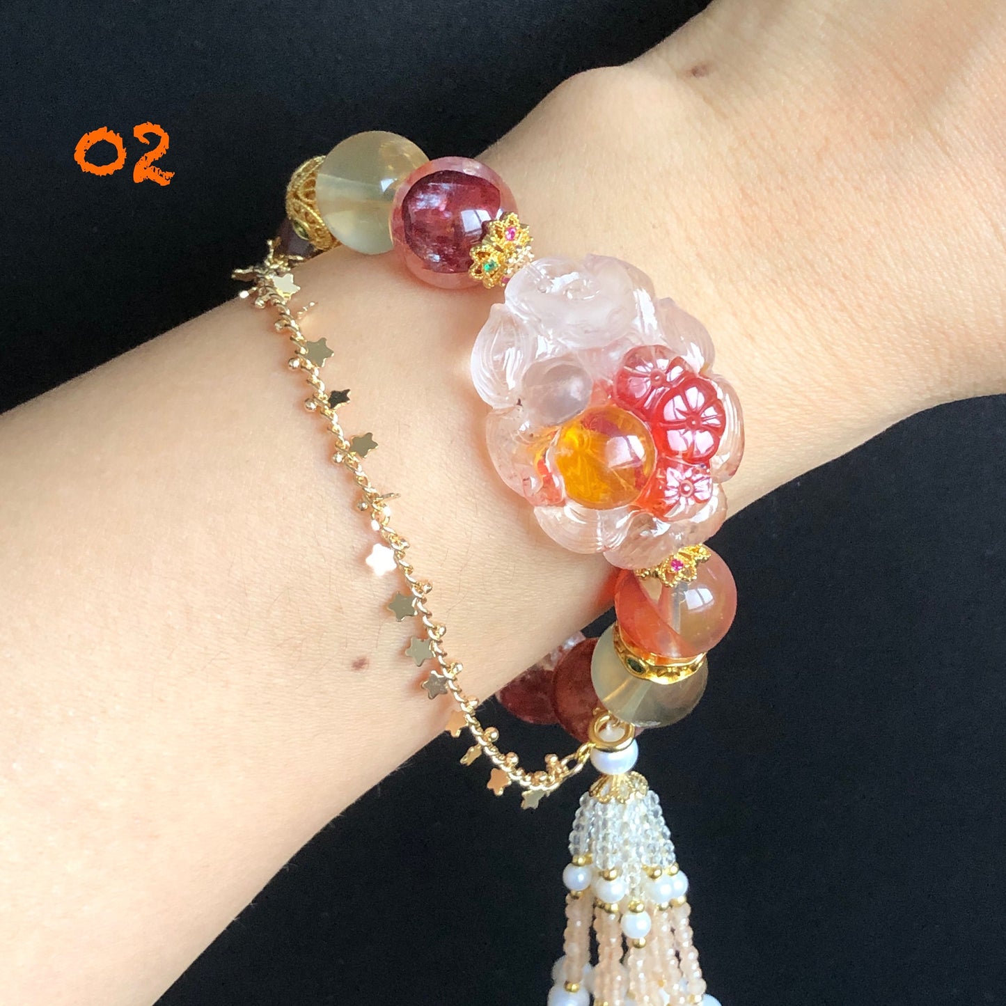 Rainbow Hematoid Quartz Carved Nine-tailed Fox Charm Crystal Bracelets | Lemon Quartz, Clear Quartz | Spinel Tassel | Self-confidence & Love