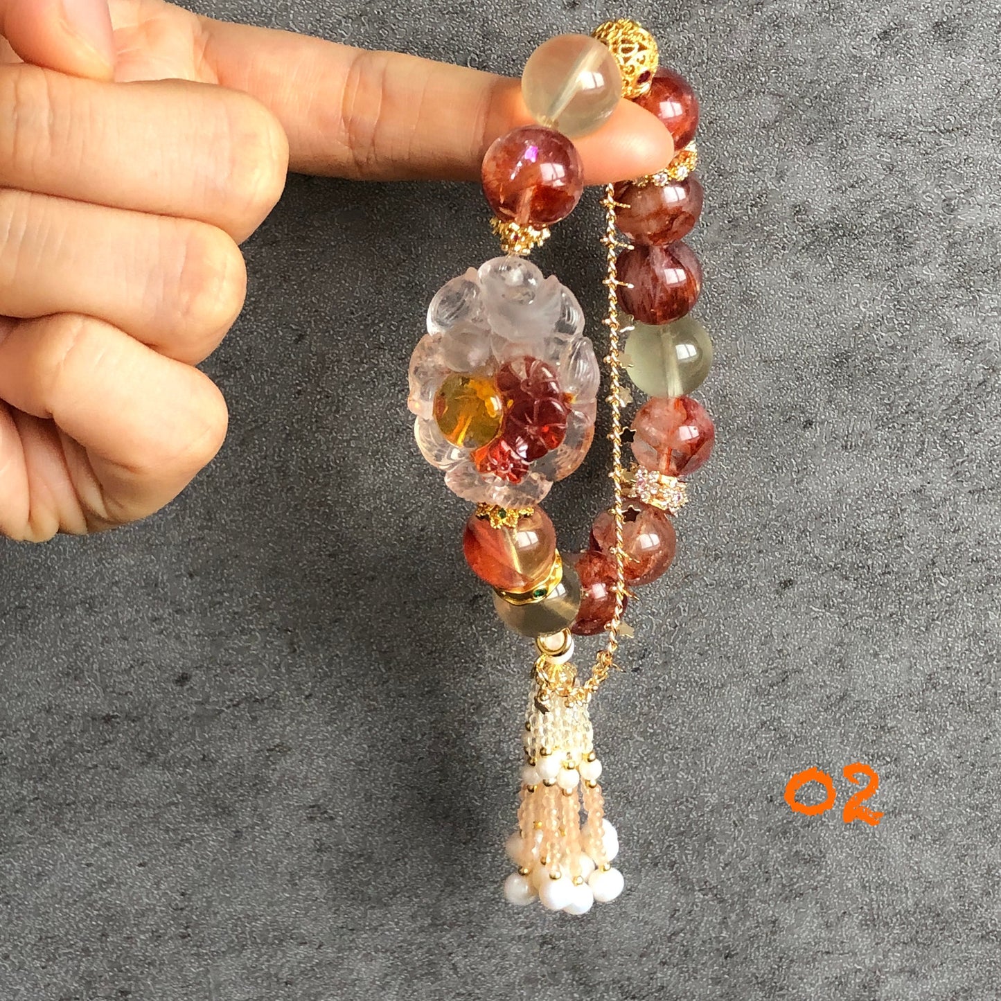 Rainbow Hematoid Quartz Carved Nine-tailed Fox Charm Crystal Bracelets | Lemon Quartz, Clear Quartz | Spinel Tassel | Self-confidence & Love