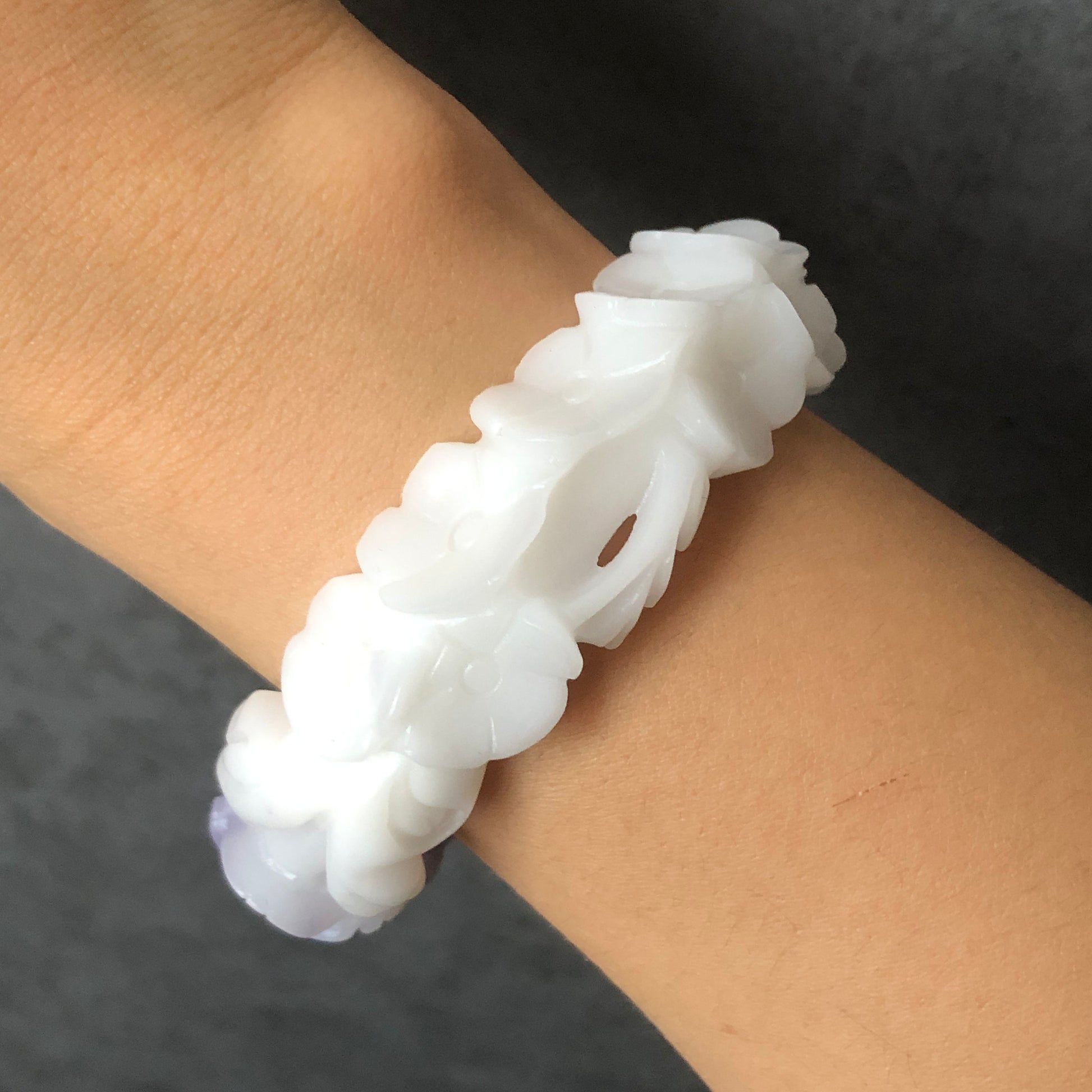 58.1mm Custom Size Natural SheTaiCui Jade (Quartzite) Hand Carved Flower Bangle | Purple & White | Crystal Bracelet | Gemstone Jewellery