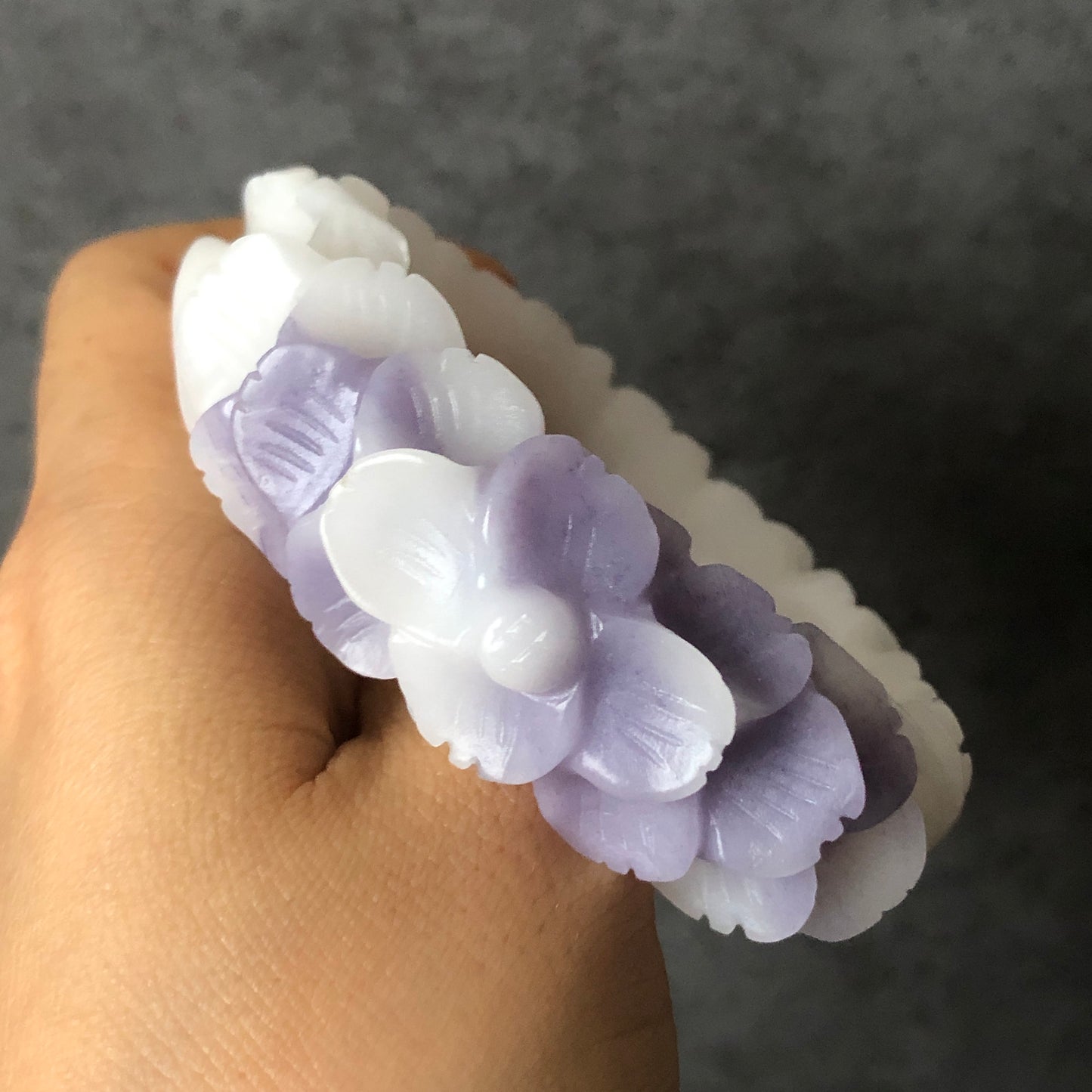 58.1mm Custom Size Natural SheTaiCui Jade (Quartzite) Hand Carved Flower Bangle | Purple & White | Crystal Bracelet | Gemstone Jewellery