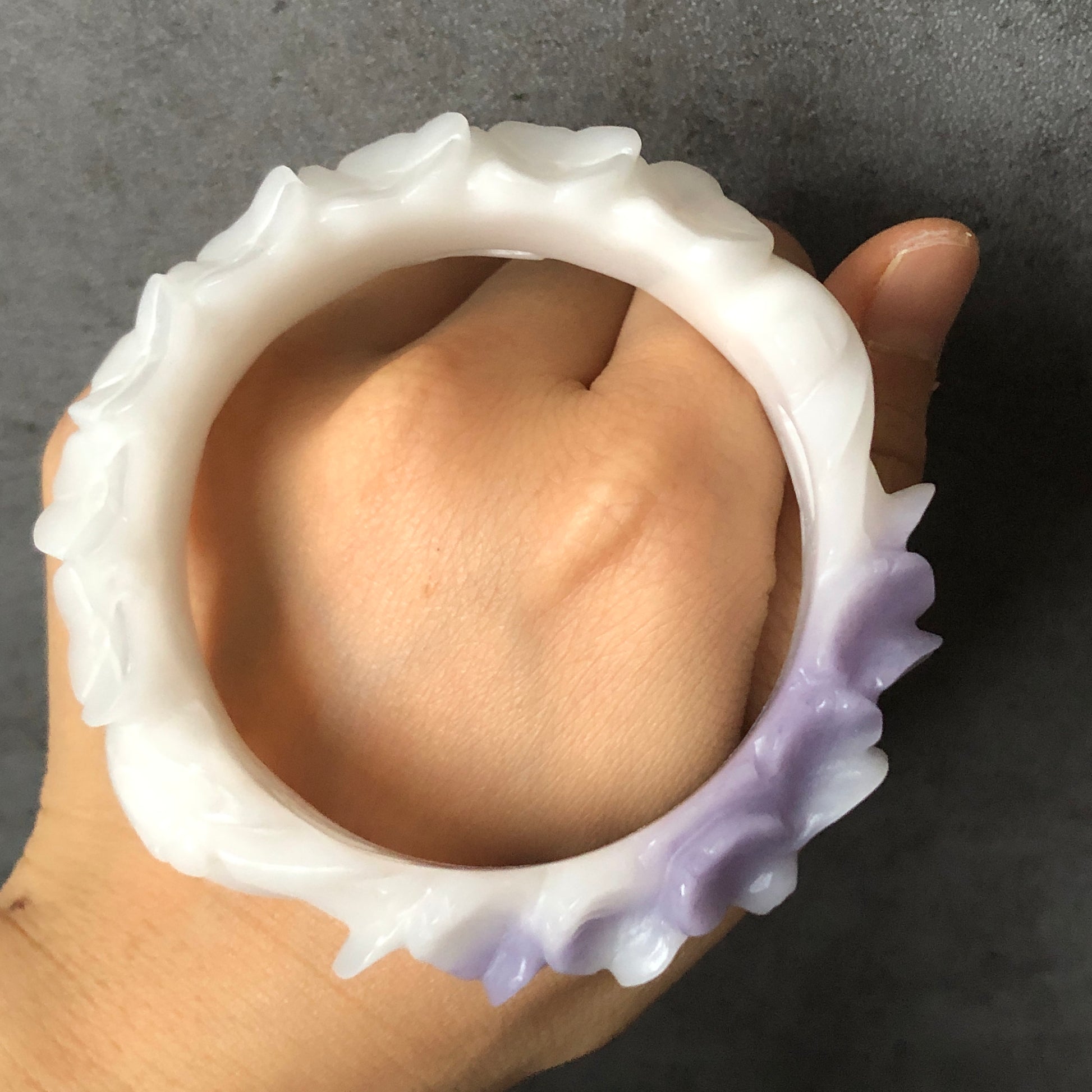 58.1mm Custom Size Natural SheTaiCui Jade (Quartzite) Hand Carved Flower Bangle | Purple & White | Crystal Bracelet | Gemstone Jewellery